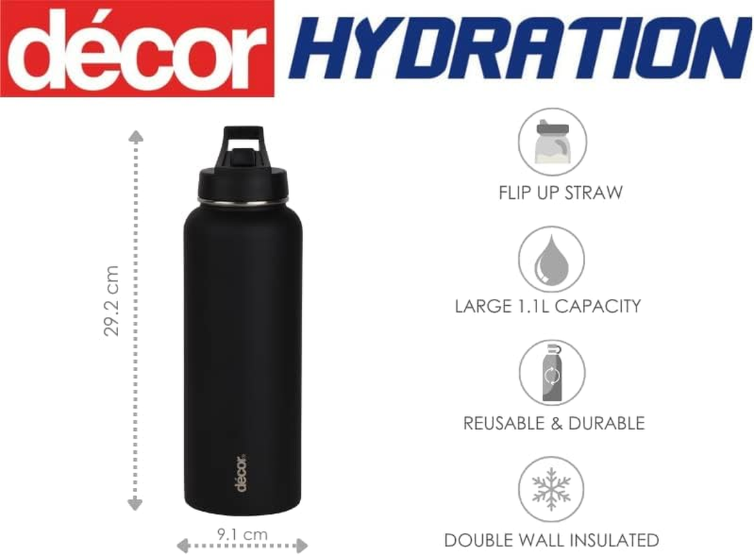 D&eacute;cor Flip Active Stainless Steel Water Bottle | Insulated Double Wall Bottle | 1.1L - Black - Black image number 4