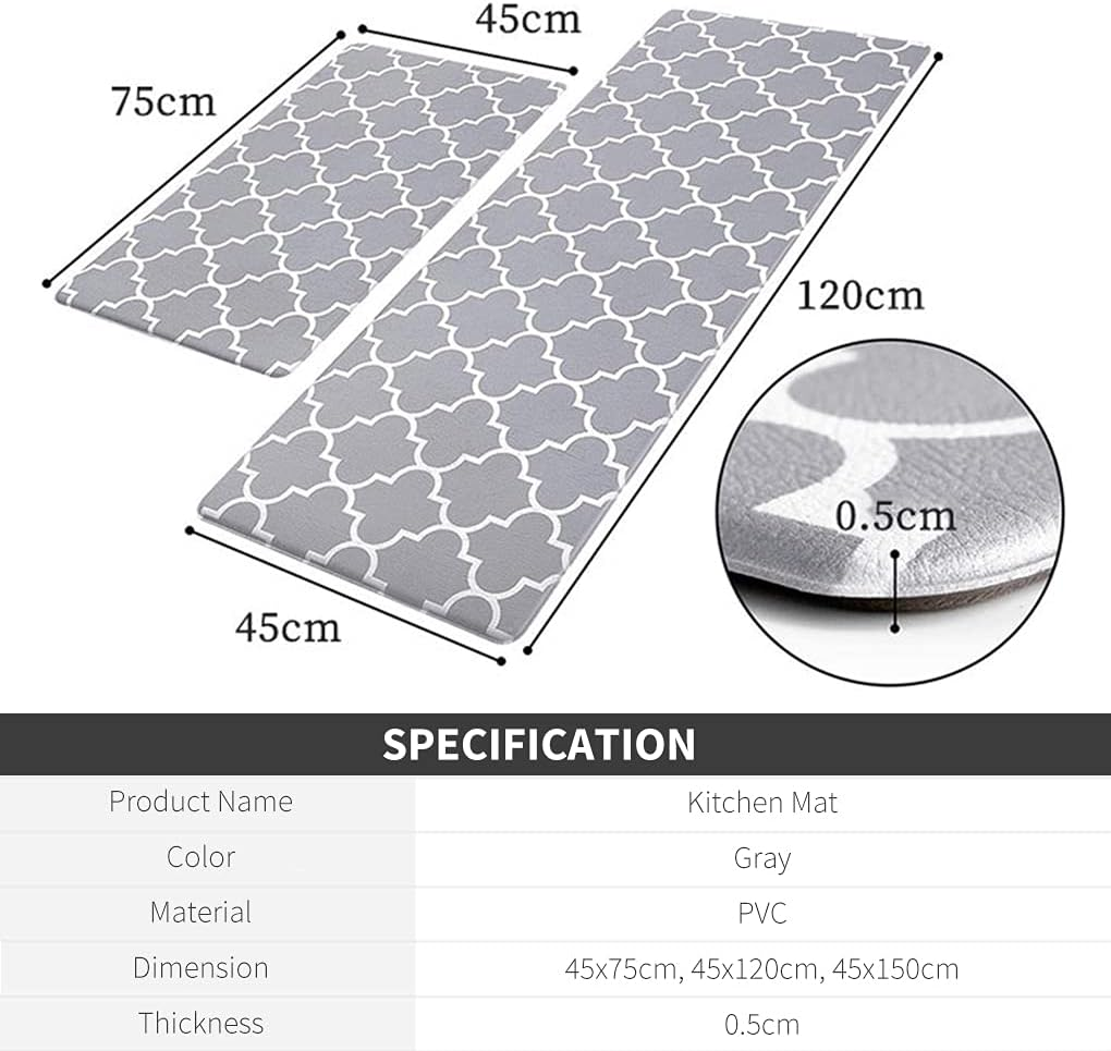 Vivva Kitchen Mat(3 Size) Cushioned Anti-Fatigue Kitchen Rug, Waterproof Non-Slip Kitchen Mats and Rugs Heavy Duty PVC Ergonomic Comfort Foam Rug for Kitchen, Floor Home, Grey(45X75Cm)