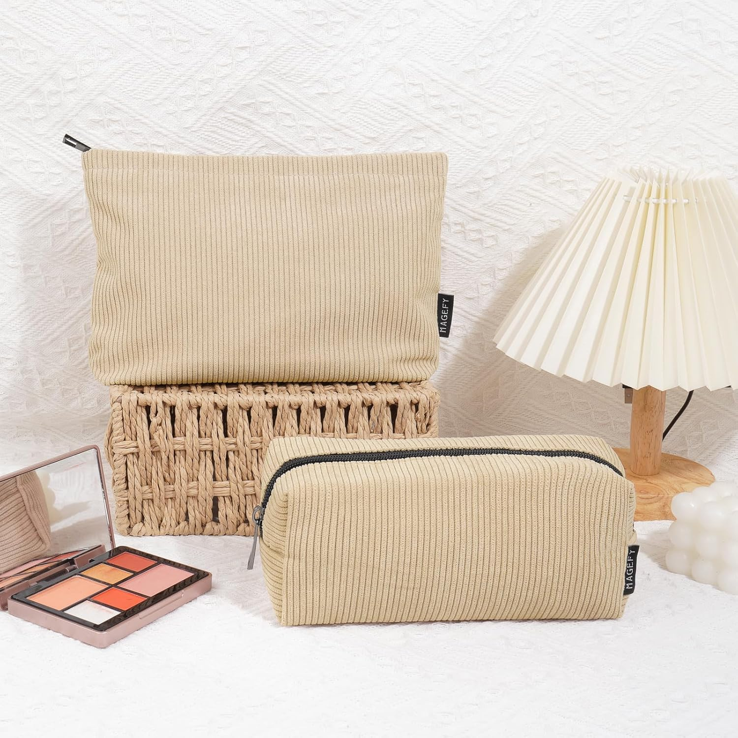 MAGEFY 2 Pcs Makeup Bags for Women, Corduroy Make up Bag for Purse Travel Makeup Bag Small Cosmetic Bags with Zipper Makeup Pouch for Travelling(Beige) image number 2