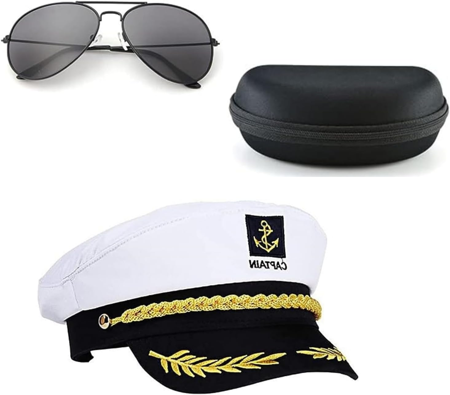 Yacht Captain Hat and Sunglasses with Case, Costume Accessory for Navy Masquerade Party, Marine Admiral Adjustable Hat Yacht Boat Ship Sailor Accessories Set image number 1