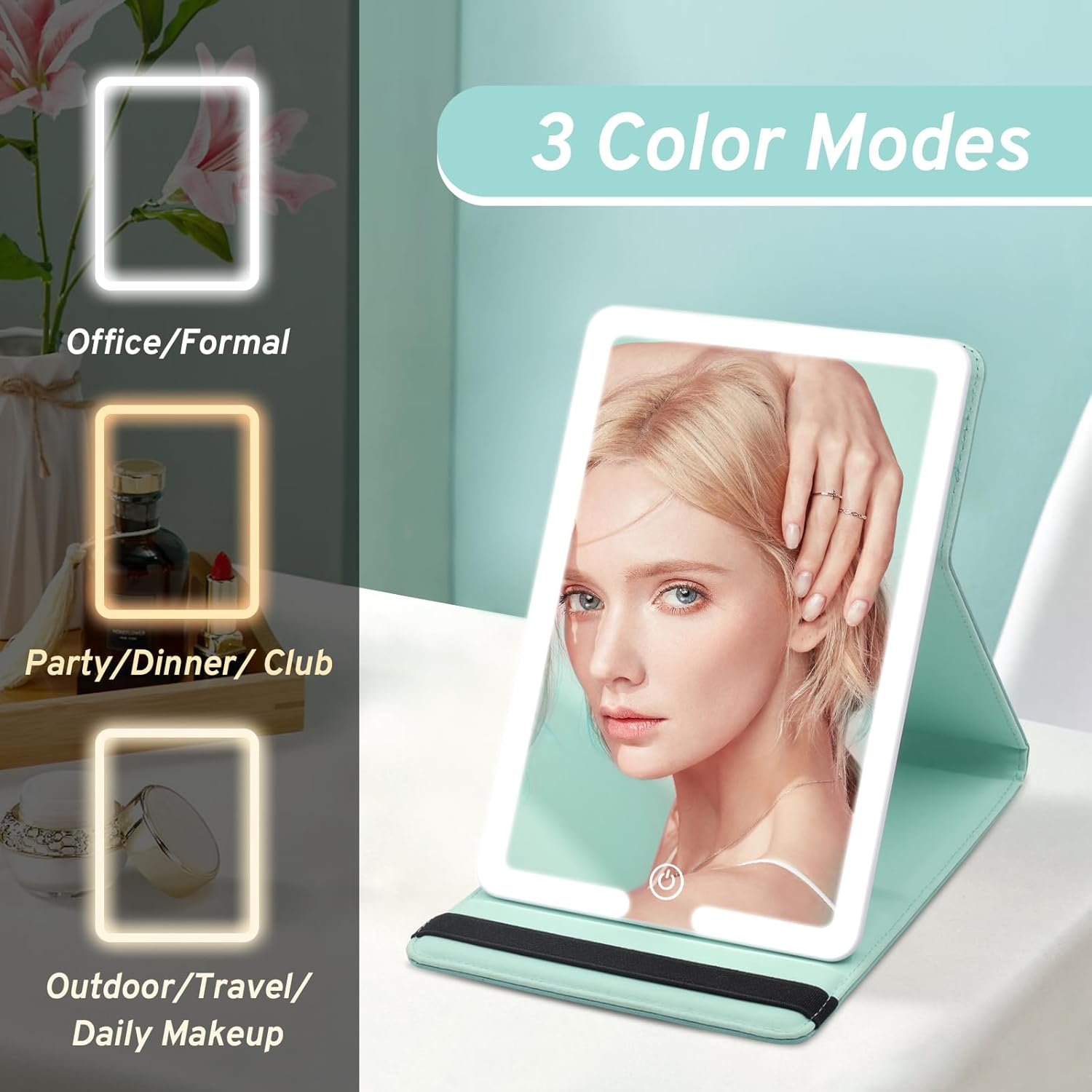 Travel Makeup Mirror with Lights, Lighted Travel Mirror with PU Leather Cover, 1500Mah Battery 3-Color Light Modes Dimming LED Light up Vanity Cosmetic Mirror of 8X 5.5Inch for Travel, Home, Office image number 5