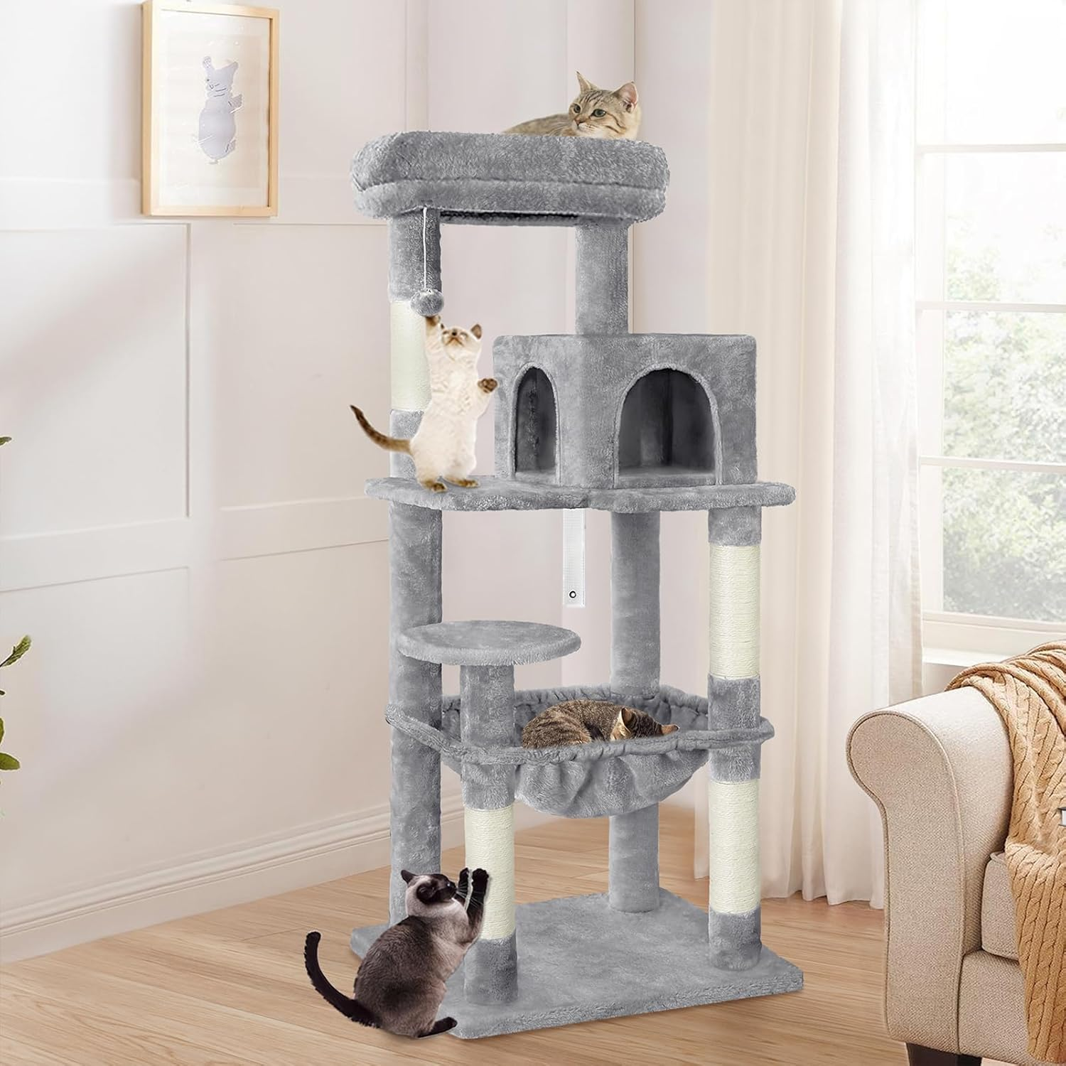 BEASTIE 143Cm Multi-Level Cat Tree Tower with Scratching Posts, Sisal-Covered Cat Condo Play House Wood Furniture with Plush Perch, Light Grey Cat Scratcher Tower for Kittens Climbing and Rest image number 2