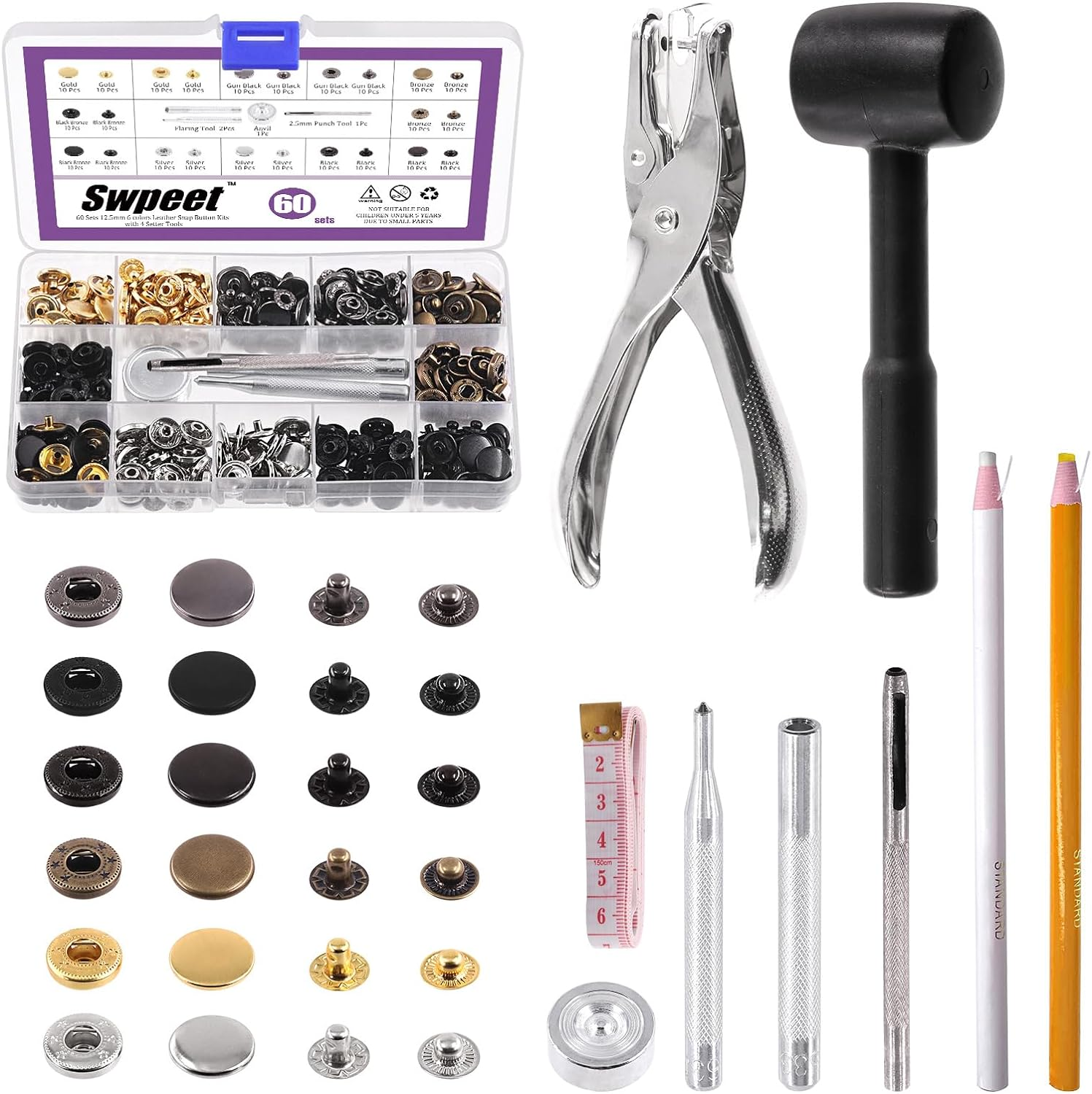 Swpeet 60 Sets 12.5Mm Leather Snap Fasteners and Hole Punch Pliers with 4Pcs Fixing Tools Assortment Kit, Leather Snaps Metal Snaps Metal Button Snaps Press Studs for Clothes, Jackets, Jeans image number 1
