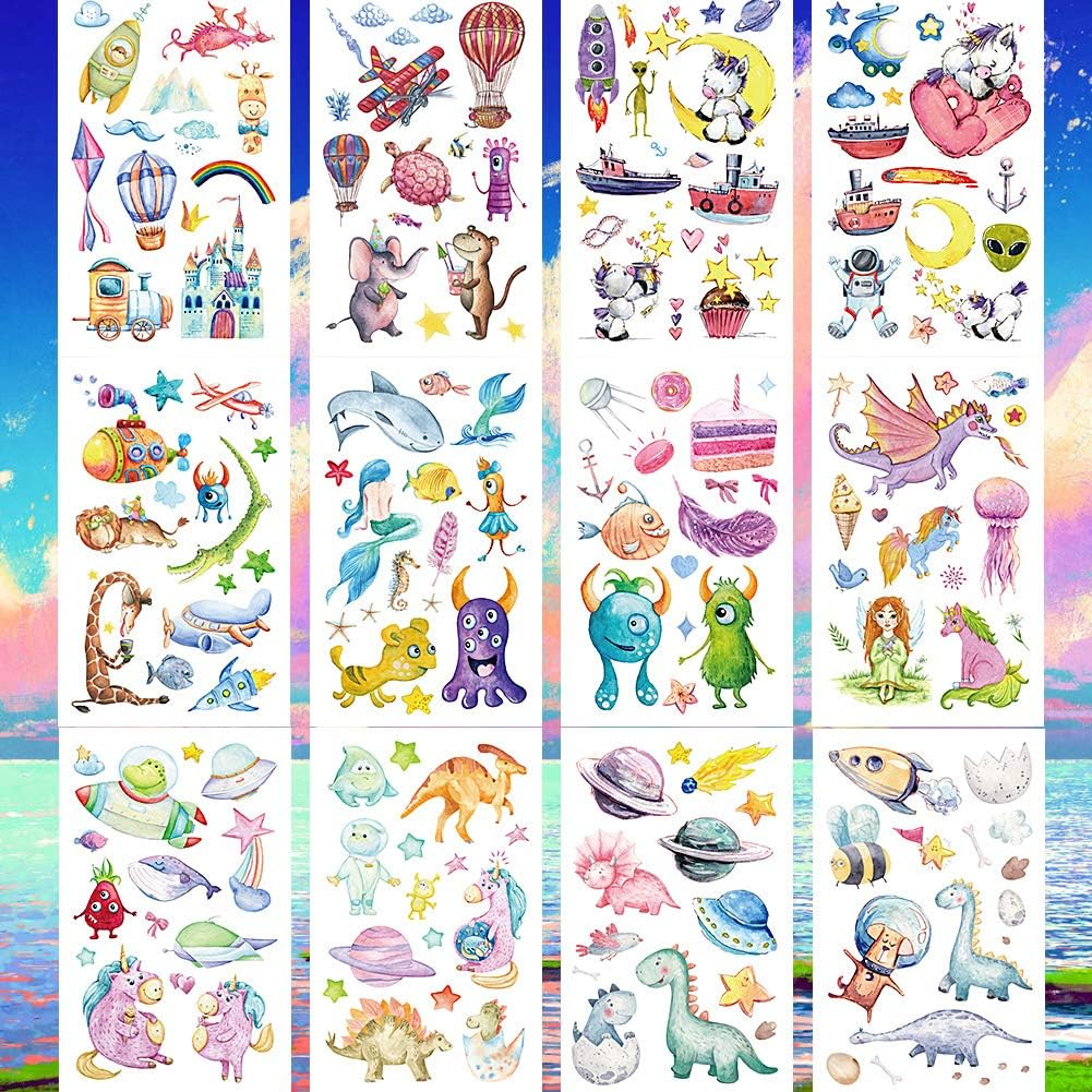 Kids Temporary Tattoos for Little Girls Boys, 120+ Small Space Astronaut Alien Dinosaur Mermaid Fake Face Stickers for Children Birthday Party Supplies Goodie Bag Stuffers image number 5