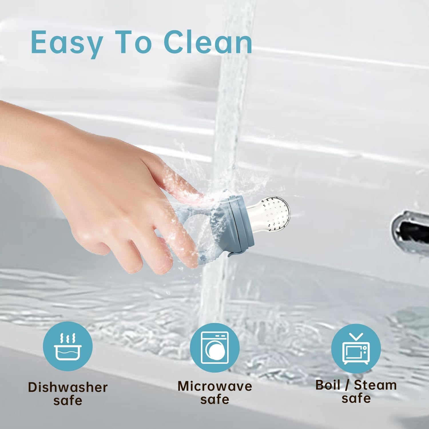 Luleo Baby Food Fruit Feeder Pacifier 3 Sizes Silicone Teats Safe and Hygienic Cap, Self Feeding, Soft Silicone BPA Free, Safe Anti-Choking, Teether Toy for Safe Infant, 4+Month, (Light Blue) image number 4