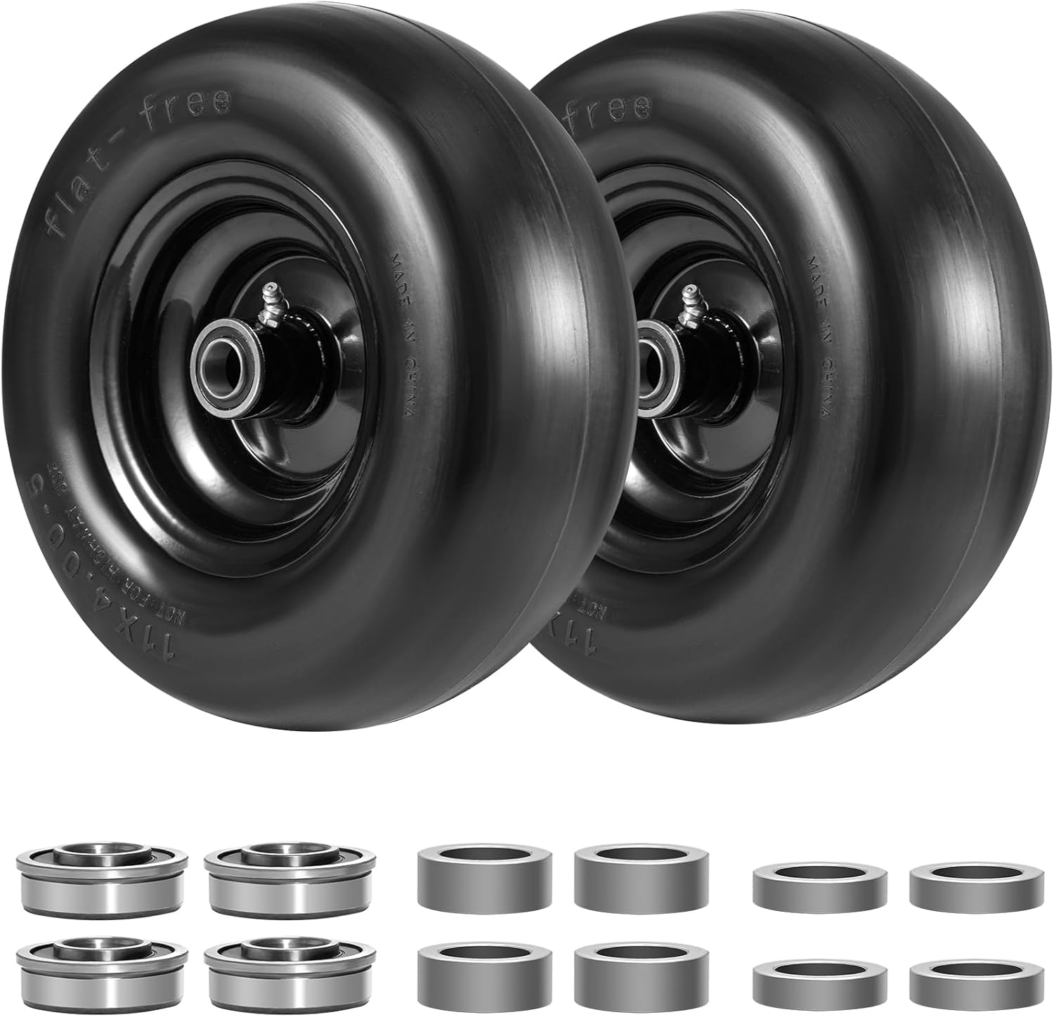 11X4.00-5" Lawn Mower Tire on Wheel Flat Free 2 PCS, 3/4" or 5/8" Bearing, Solid Mower Wheel for Residential and Commercial 3.4"-5" Centered Hub, Zero Turn Mower Front Tires