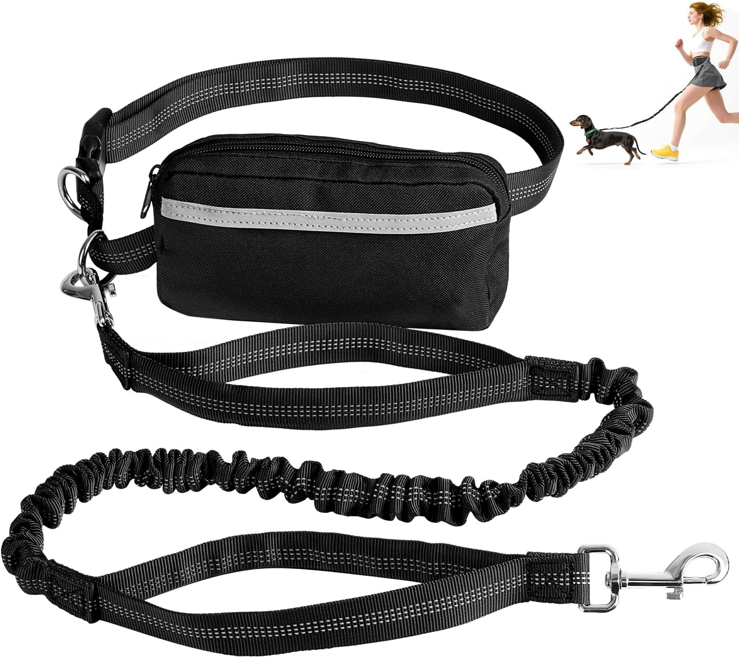 Hands Free Dog Running Leash with Zipper Pouch, Adjustable Waist Belt for Medium/Large Dogs, Dual-Handle Reflective Bungee, Secure Design for Running, Walking, Hiking, Black image number 4