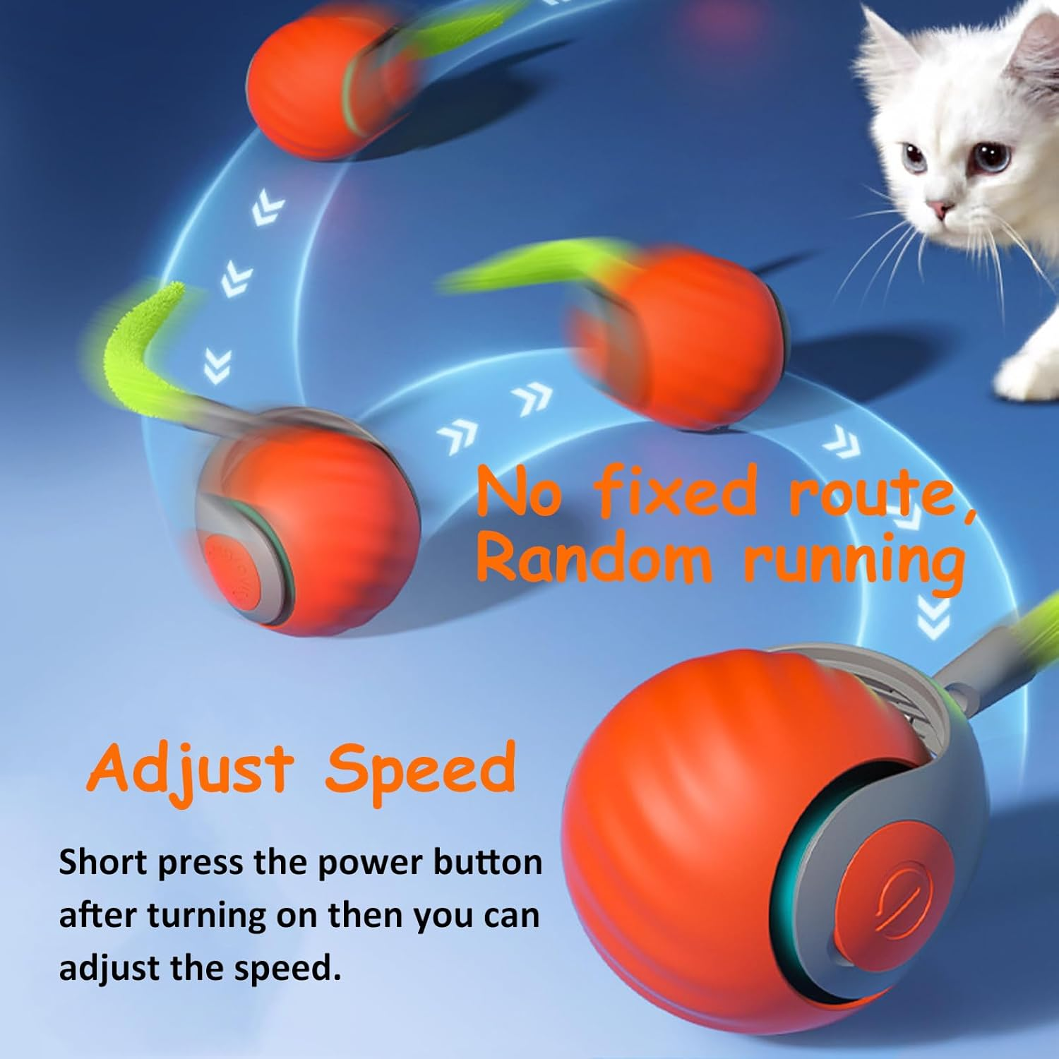 Interactive Cat Ball Toy Self Rolling Ball USB Rechargeable Smart Cat Toys Ball 360&deg;Automatic Rolling Ball Toy with Tail Speedy Tail Cat Toy for Indoor Cats SH0090 (Orange) image number 2