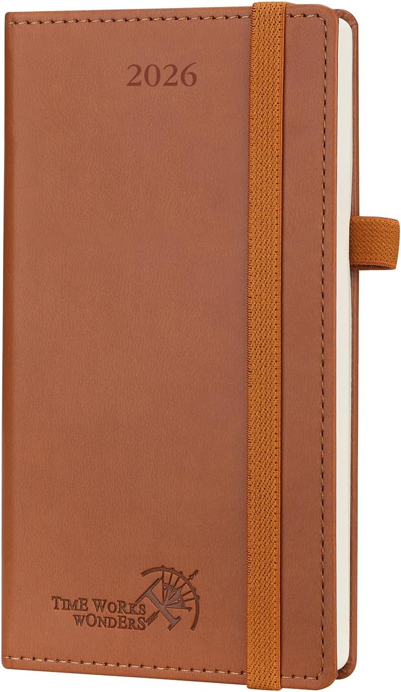 POPRUN Slim 2026 Pocket Diary Week to View (16.5 X 9 Cm) PU Leather Hacdback, Small Weekly Appointment Diary 25 Work Planner, Inner Pocket (Brown）