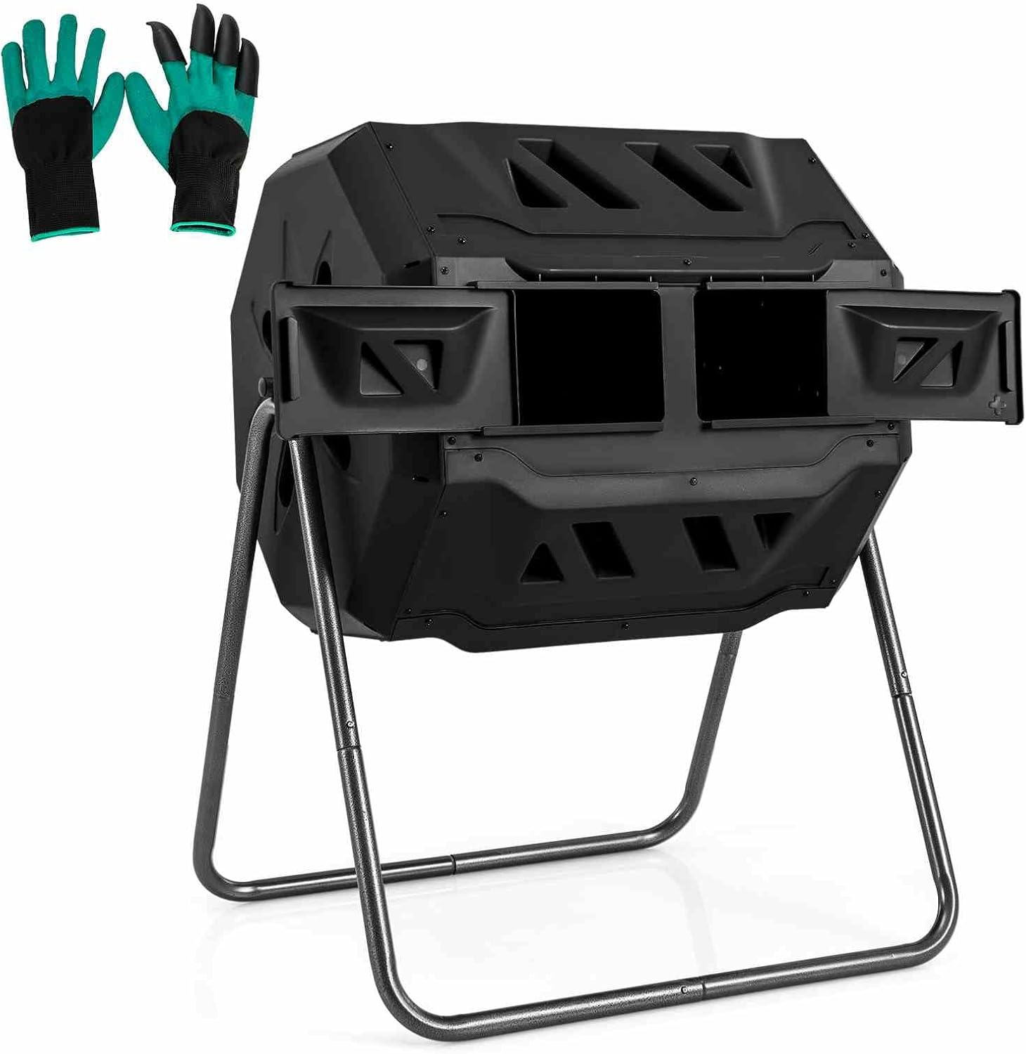 Costway Outdoor Tumbling Composter, 160 L Portable Garden Compost Bin W/Dual Chamber, 2 Sliding Doors & Solid Steel Frame for Gardens &Courtyards, Phillips Screwdriver & Garden Gloves Included image number 3