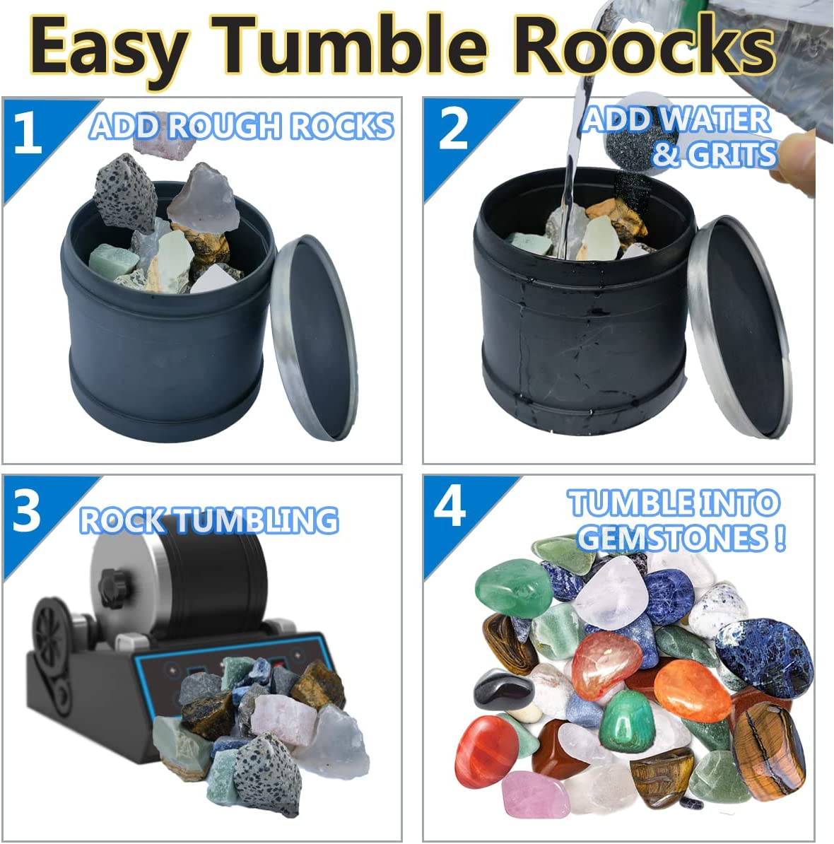 10 LBS Total Weight Rock Tumbler Grit Set, 4 Step Tumbling Media Refill-Coarse/Medium/Pre-Polished/Final Polish, Silicone Carbide Polisher Grit for Any Rock Tumbler, Rock Polisher, Stone Polisher