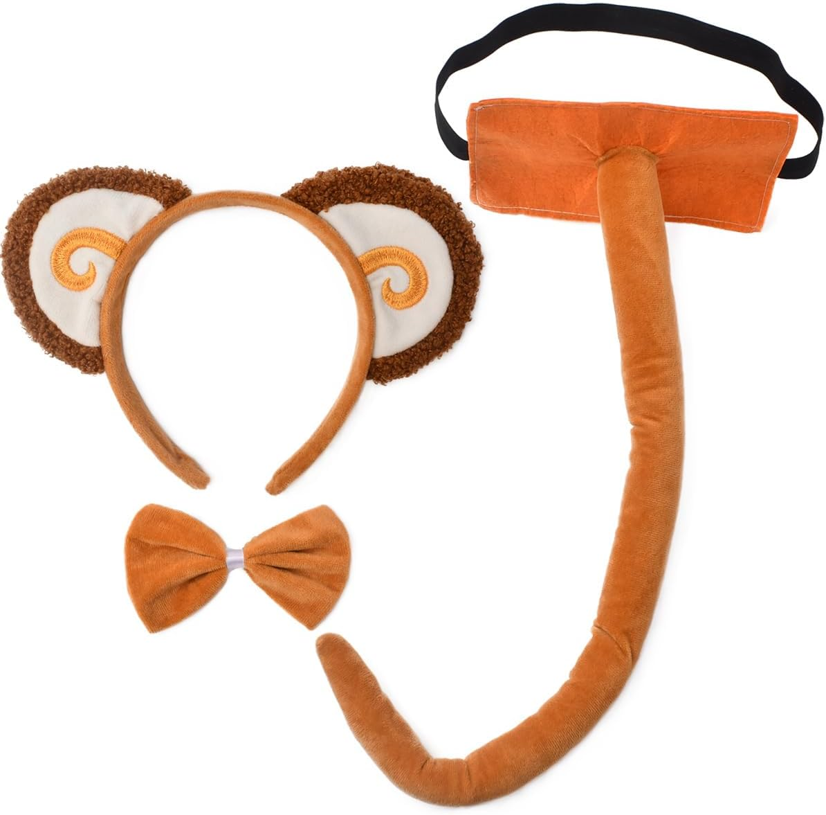 HODRME 3 Pieces Monkey Ears and Tail Set-Orange Monkey Headband Tail Bow Tie Cosplay Party Costume Accessoies for Kids and Adults image number 1