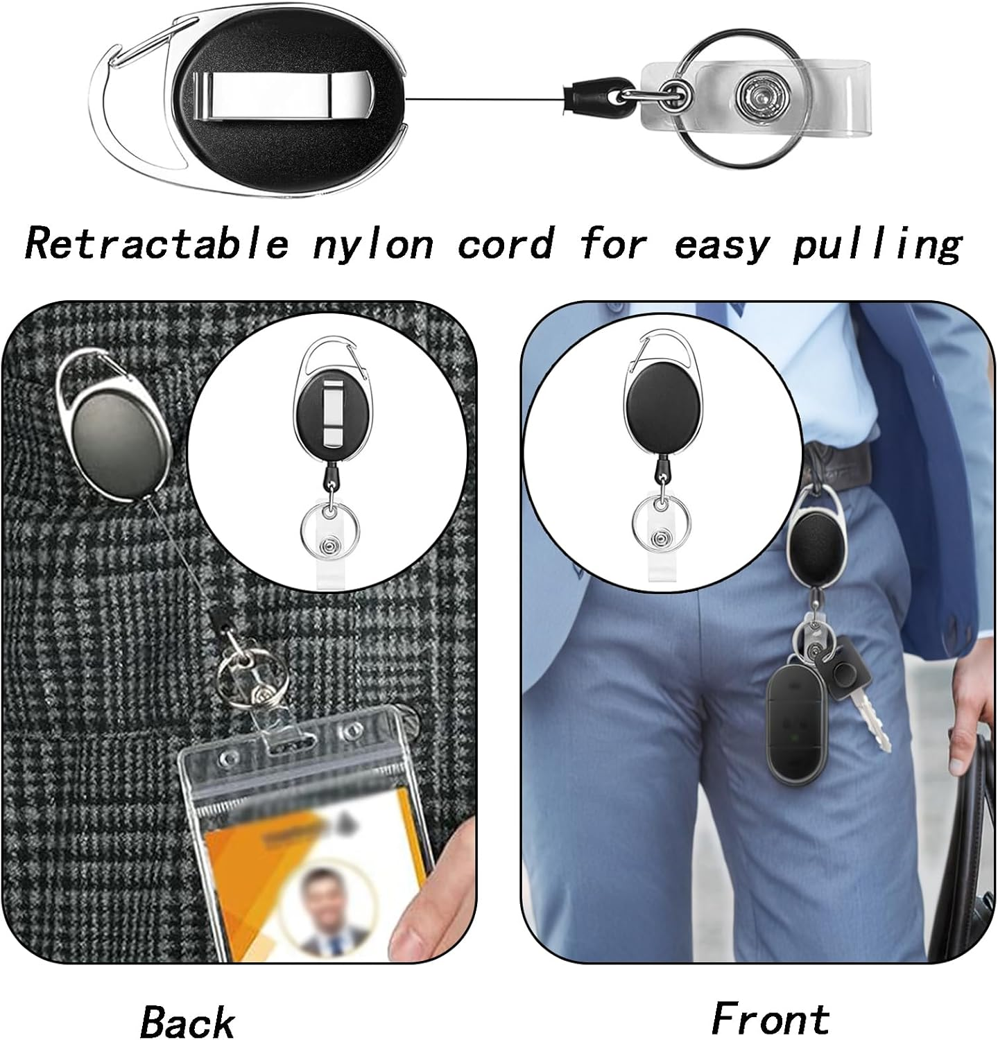 4 Pack Heavy Duty Retractable Keychains with Carabiner - Durable ID Badge Holder for Cards, Keys & Access Tags