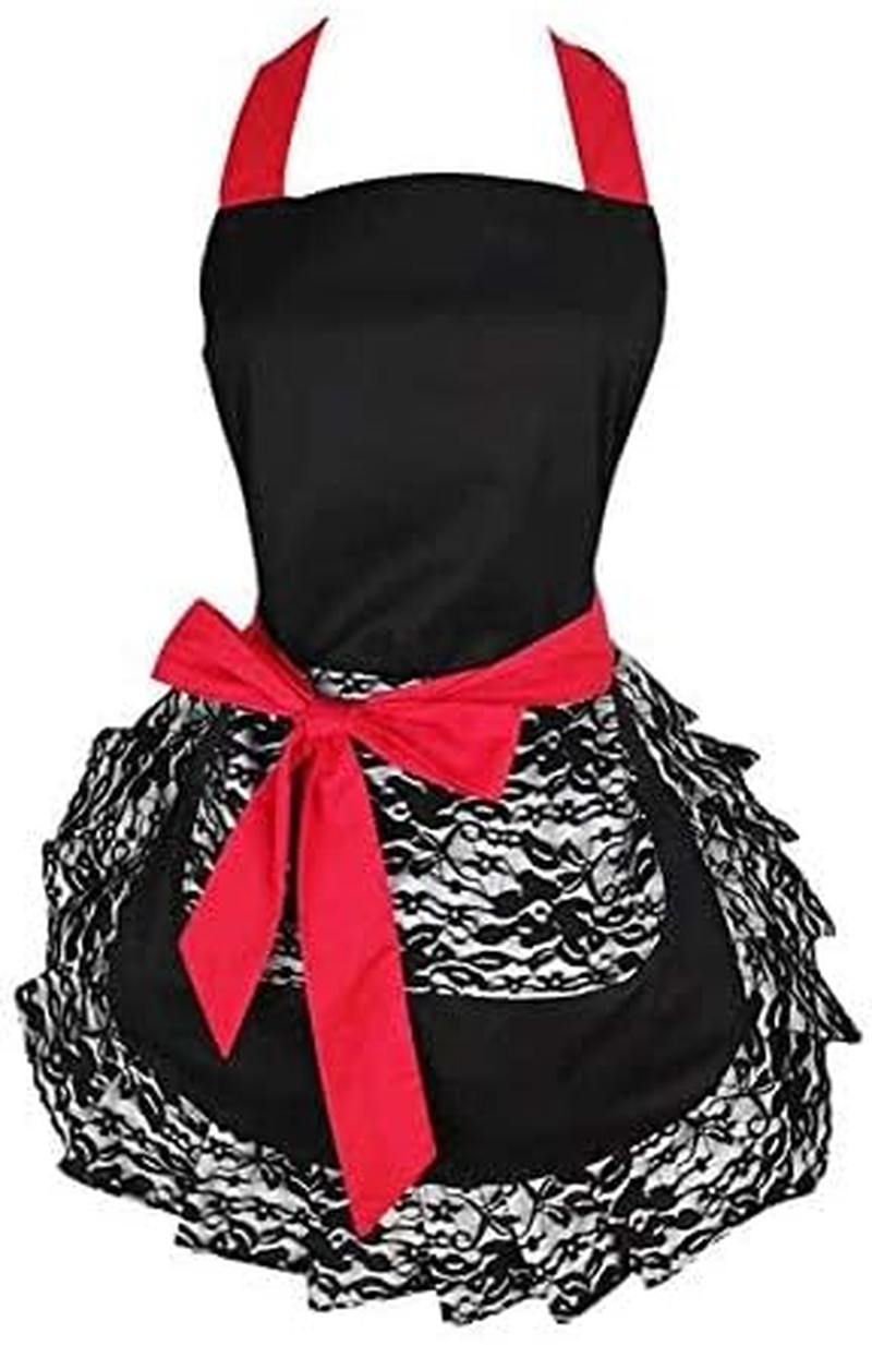 Hyzrz Cute Lace Flirty Apron with Pocket Fun Retro Sexy Cooking Aprons for Women Girls - Black image number 6