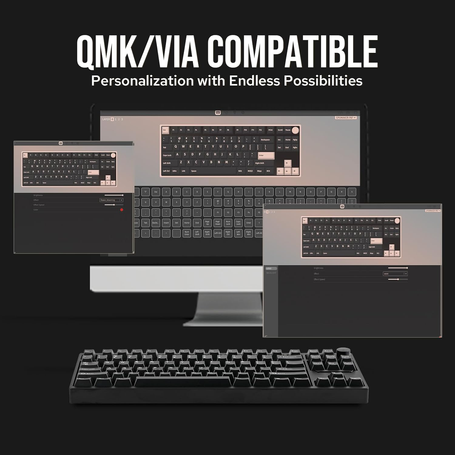 EPOMAKER P87 TKL Aluminum Wireless Gaming Keyboard, QMK/VIA Programmable Mechanical Keyboard, 87% Bluetooth/2.4Ghz/Usb-C Keyboard with CNC Metal Knob and RGB Backlight (Black, Wisteria Tactile Switch)