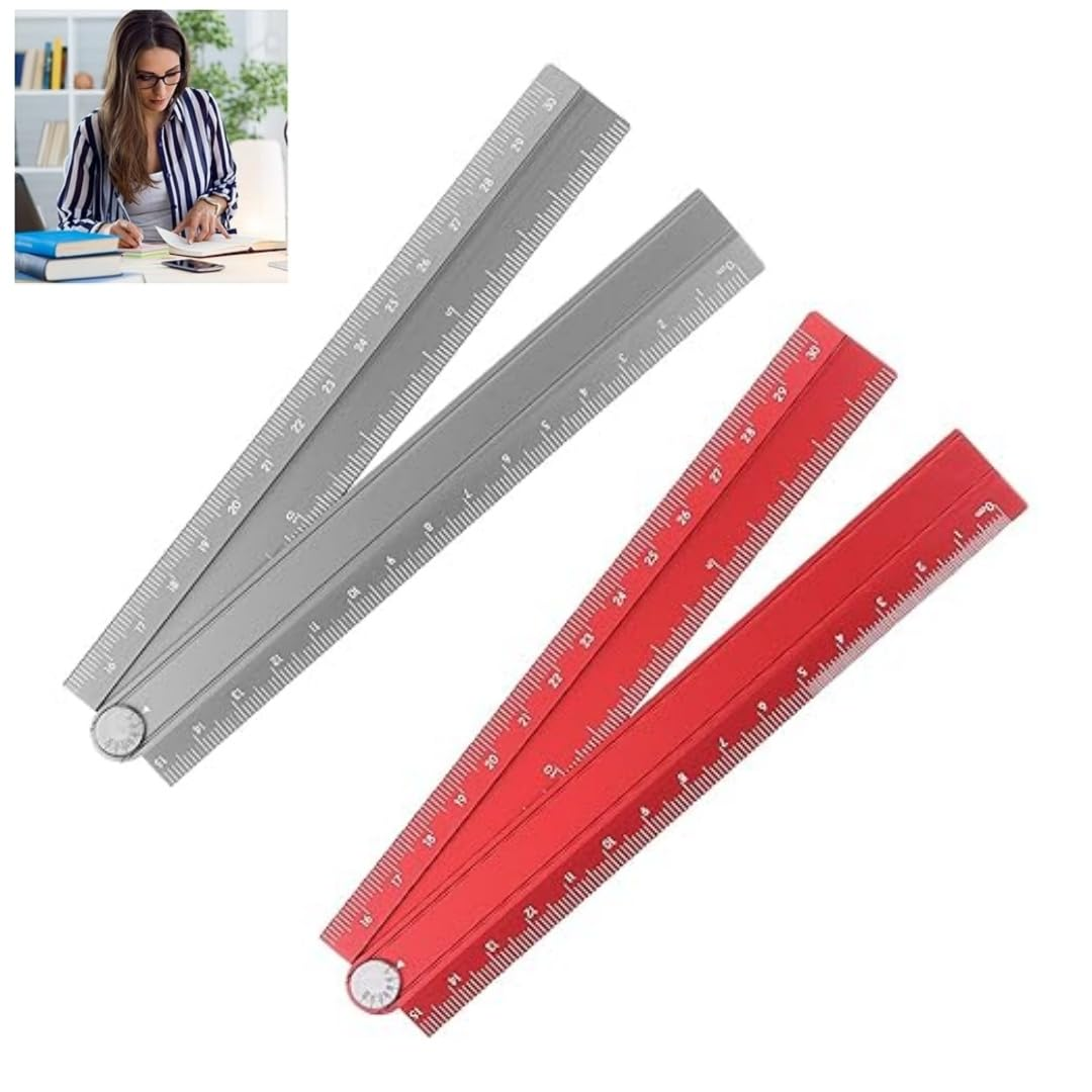 2Pcs Folding Straight Rulers 30Cm Metric Aluminum Alloy Protractor Foldable Ruler Geometric Measuring Tool with Angle Line for Architects Artists Office (Gray + Red) image number 2
