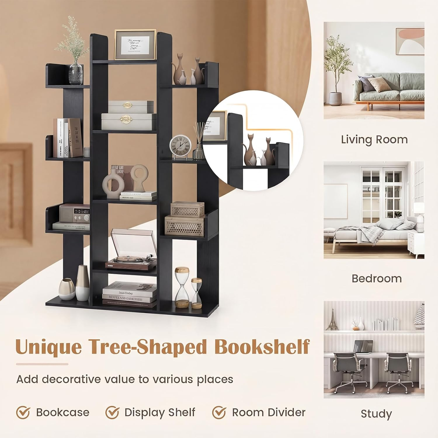 Giantex Tree Bookshelf, 141 Cm Tall Bookcase with 13 Open Shelves, Corner Books Storage Organizer, Freestanding Decorative Display Cube Shelf for Living Room, Study or Office - White image number 6