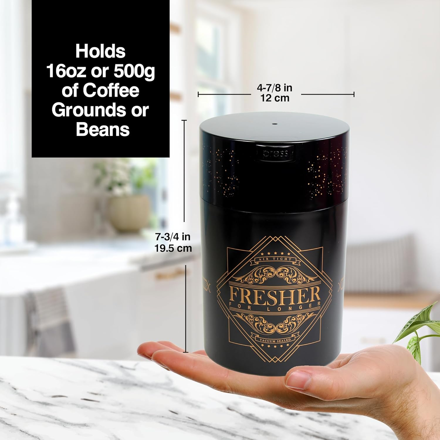 Coffeevac 1LB &ndash; Patented Airtight Container | Multi-Use Vacuum Container Works as Smell Proof Containers for Ground Coffee and Coffee Bean Containers. Black with Gold Logo - Black Gold Logo image number 4