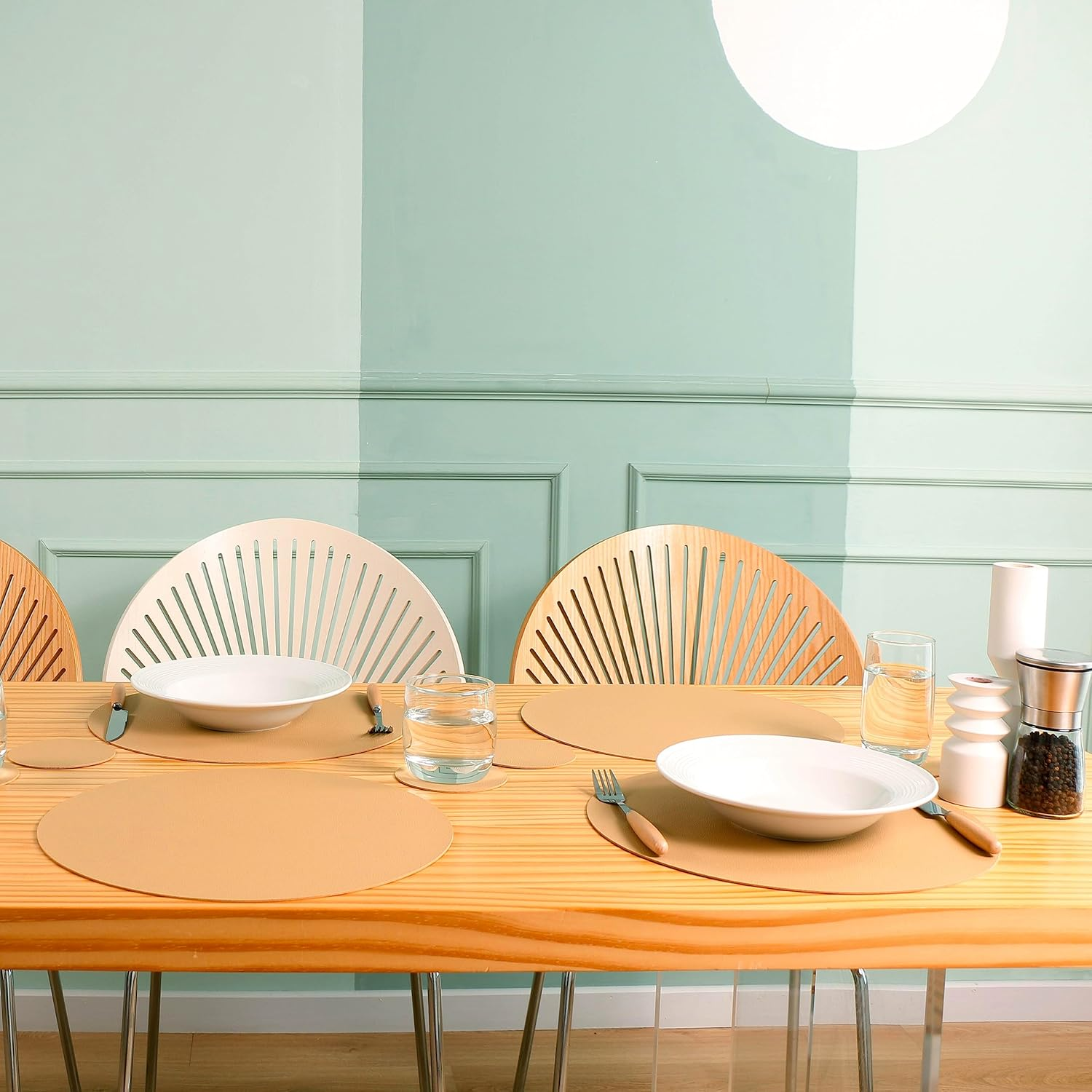 Wipeable Placemats and Coasters Leather Table Mats Waterproof Heat-Resistant Easy to Clean for Dining Table Set Kitchen Table Set of 6, Buff