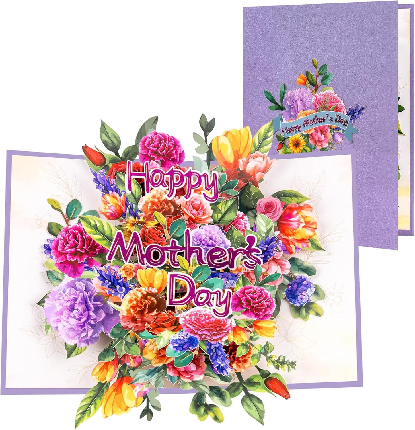 Magic Ants 3D Pop-Up Mother&rsquo;S Day Card &ndash; "Happy Mother&rsquo;S Day" with Glittery Floral Design, Yellow and Silver Script, Colorful Flowers, Lavender Sprig, Includes Envelope and Blank Notecard for Mom, Stepmother, Mother in Law, Grandma, Wife, Sister, Aunt
