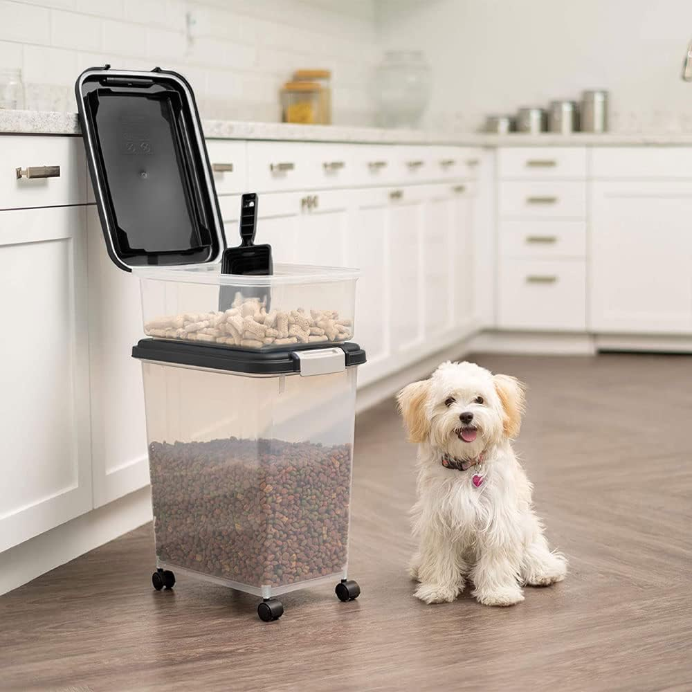 Pet Food Storage Container with Scoop, Flip-Up Lid Airtight Container Transparent Cat Food Storage with Four Wheels for Dog & Cat Food Air Tight Food Container image number 1