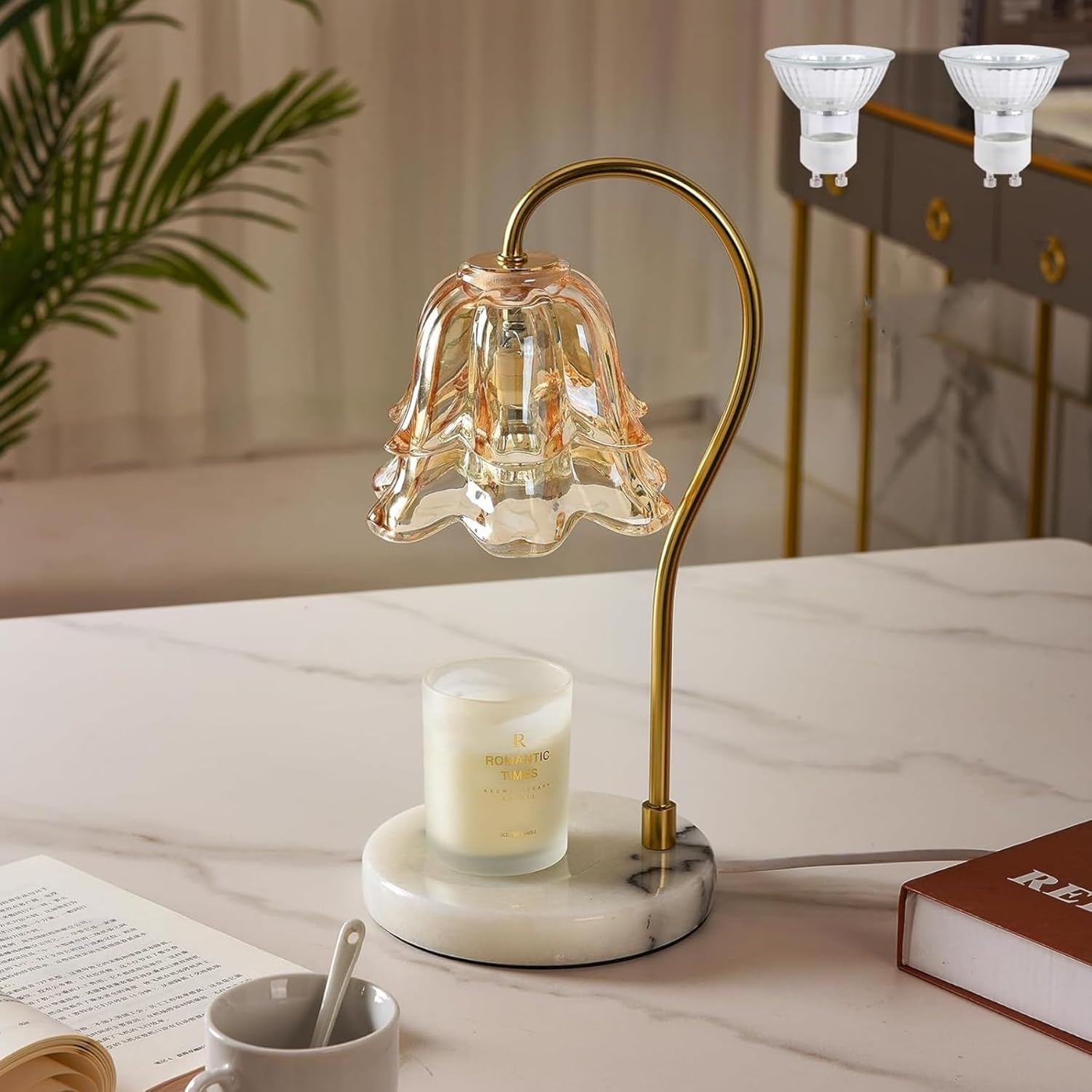 Candle Warmer Lamp, Flower Glass Candle Warmer Light, Dimmable Table Lamp, Vintage Candle Lamp with Marble Base, for Women, Mom, Female Friend, Romantic Vintage Style Gifts (Amber)