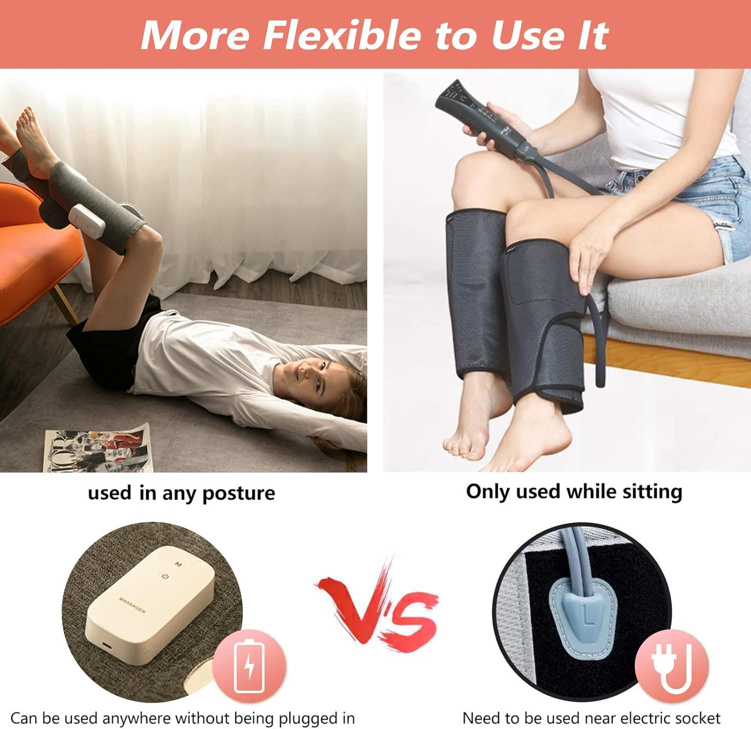 HOLDPEAK Wireless Leg Massager with Heat Air Compression - Calf Muscle Massager with 3 Modes 3 Intensity Levels - Vibration Function Portable Electronic Massage Device (1PC) image number 4