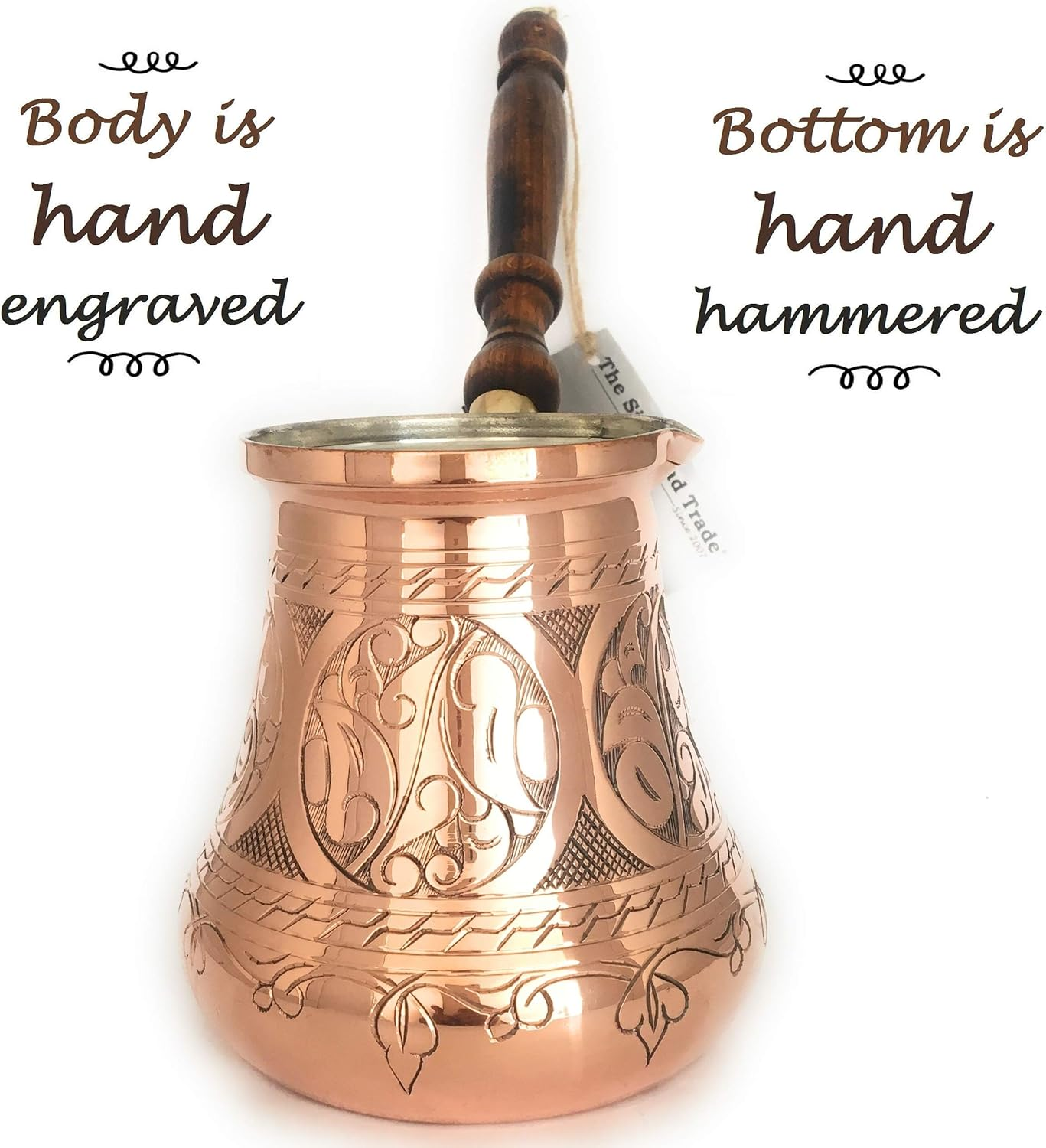PC Series - Thickest Solid Copper Turkish Greek Arabic Coffee Pot, Heavy Duty Engraved Body Hammered Bottom with Wooden Handle, Stovetop Coffee Maker Jazzve Cezve Ibrik Xx-Large Copper