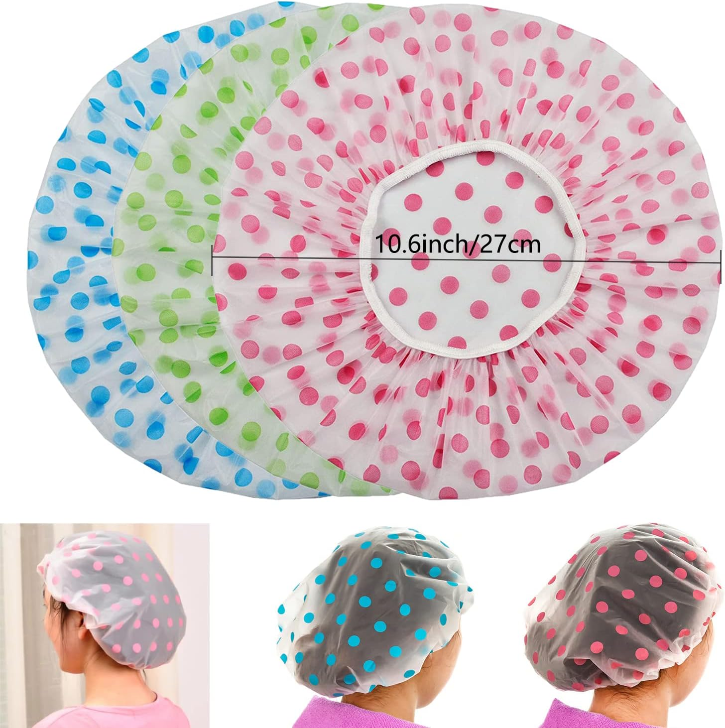 Shower Caps for Women Men Reusable Shower Hat Bath Caps with Elastic Band Waterproof Bath Cap Shower Caps for Women Long Hair (3 PCS) image number 3