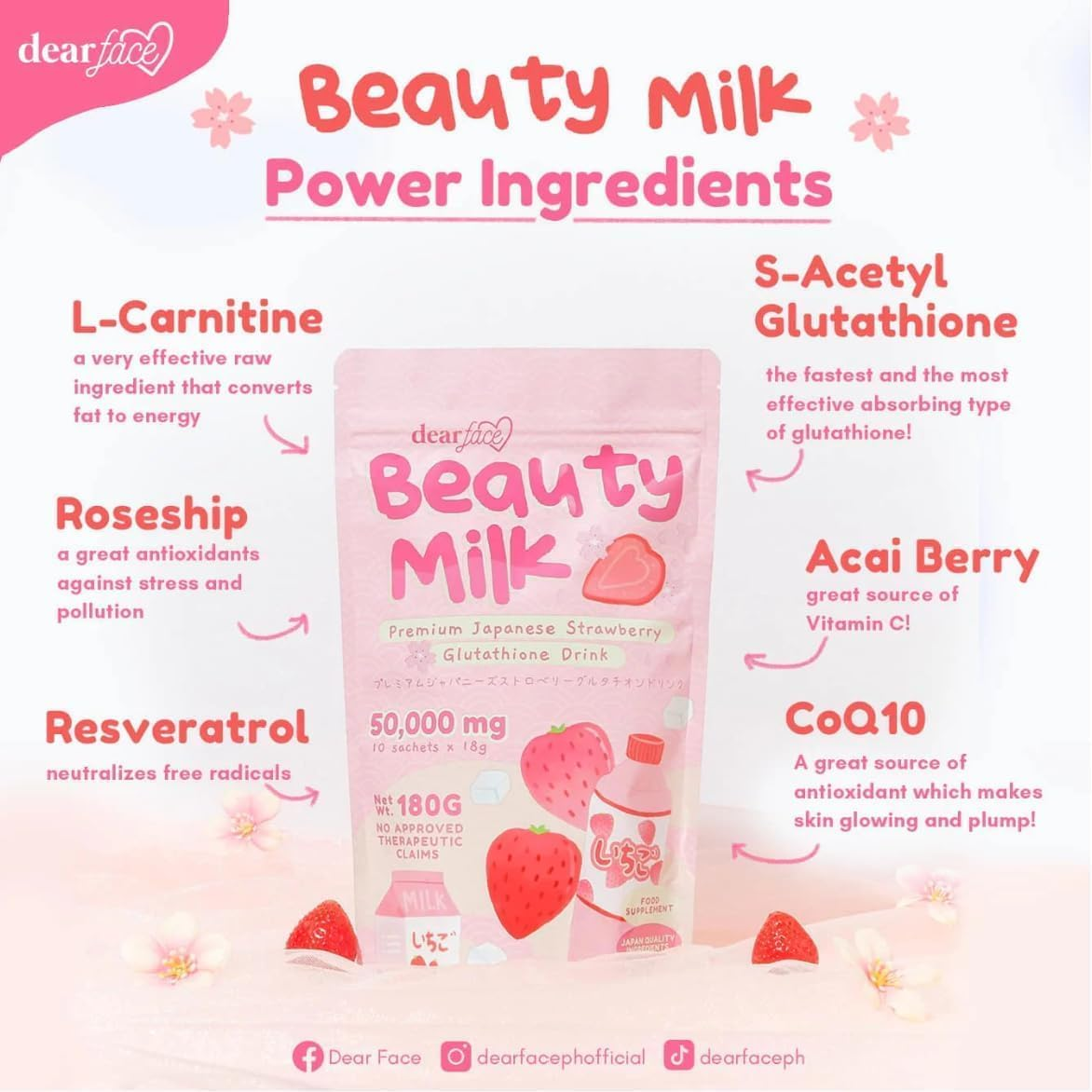 DEAR FACE Beauty Milk Japanese Collagen Strawberry Drink - 50,000Mg Hydrolyzed Collagen, 10 X 18G Sachets (Pack of 1) image number 2