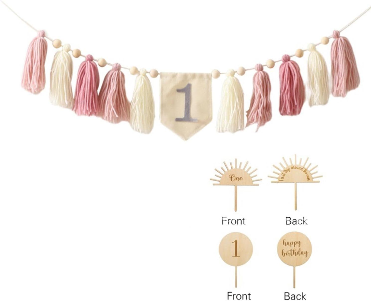 Handmade Boho 1St Birthday High Chair Banner Set, Pink First Birthday Tassel Banner Wooden One Cake Topper Party Decoration for Girl Birthday Baby Shower Photo Backdrop