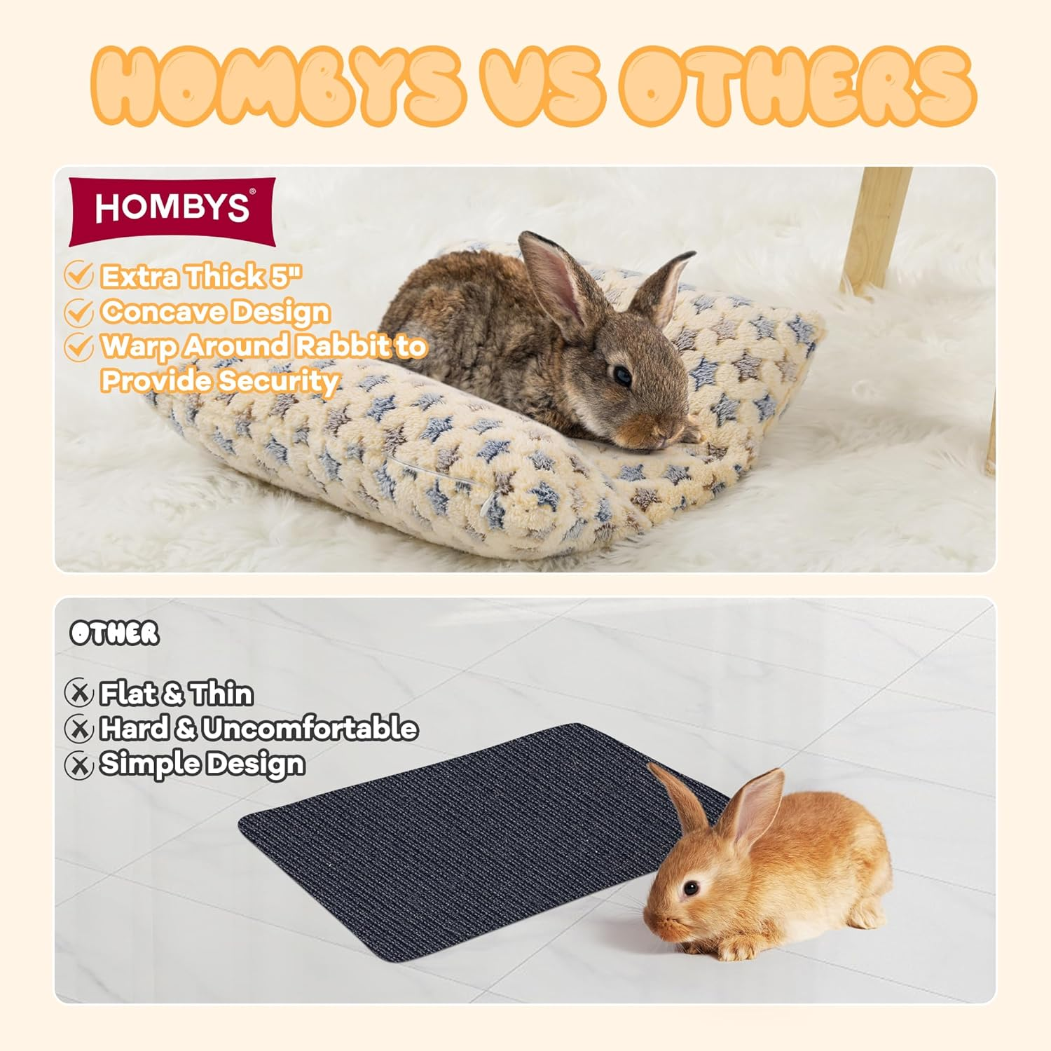 HOMBYS 5" Thickened Bunny Bed, Cuddle Rabbit Bed Soft Plush Cuddle Cushion with Lounger Pillow, Warp Design for Indoor Small Animals, Kitten, Hamster, Guinea Pig, Small Pet Flop Mat, (Yellow) image number 6