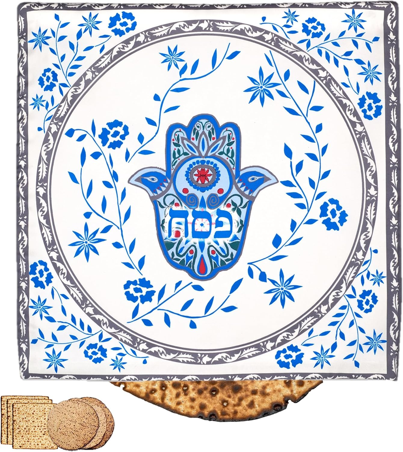 Stunning Silk Passover Seder Matzah Cover Floral Hamsa Design with 3 Pockets for the 3 Matzos - Fits round Shmurah Matzo or Square Matzot Pesach Table Essential Decorations image number 2