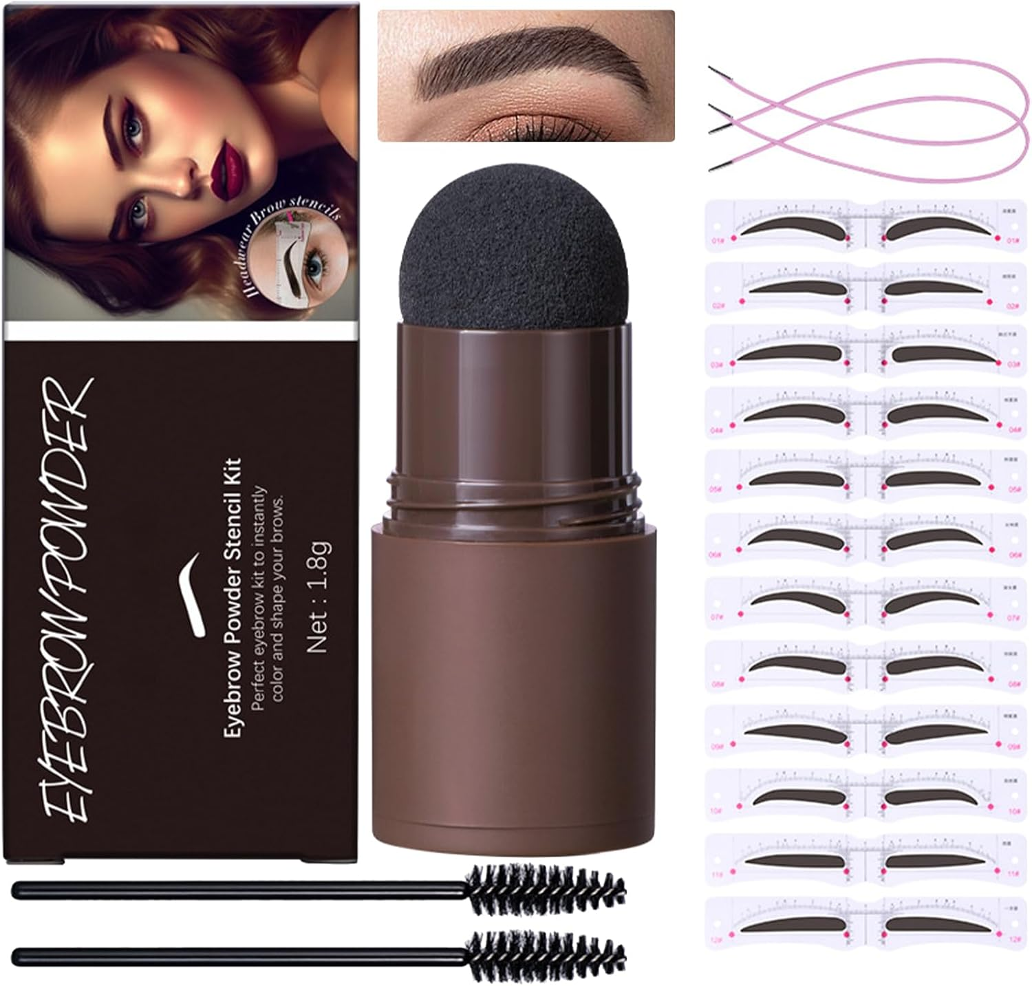 Eyebrow Stamp Stencil Kit - One-Step Vegan Eyebrow Stamp Pomade - Long-Lasting Waterproof Smudge-Proof - with 12Pcs Reusable Thin & Thick Eyebrow Stencils for Perfect Brows # 02 Dark Brown image number 1
