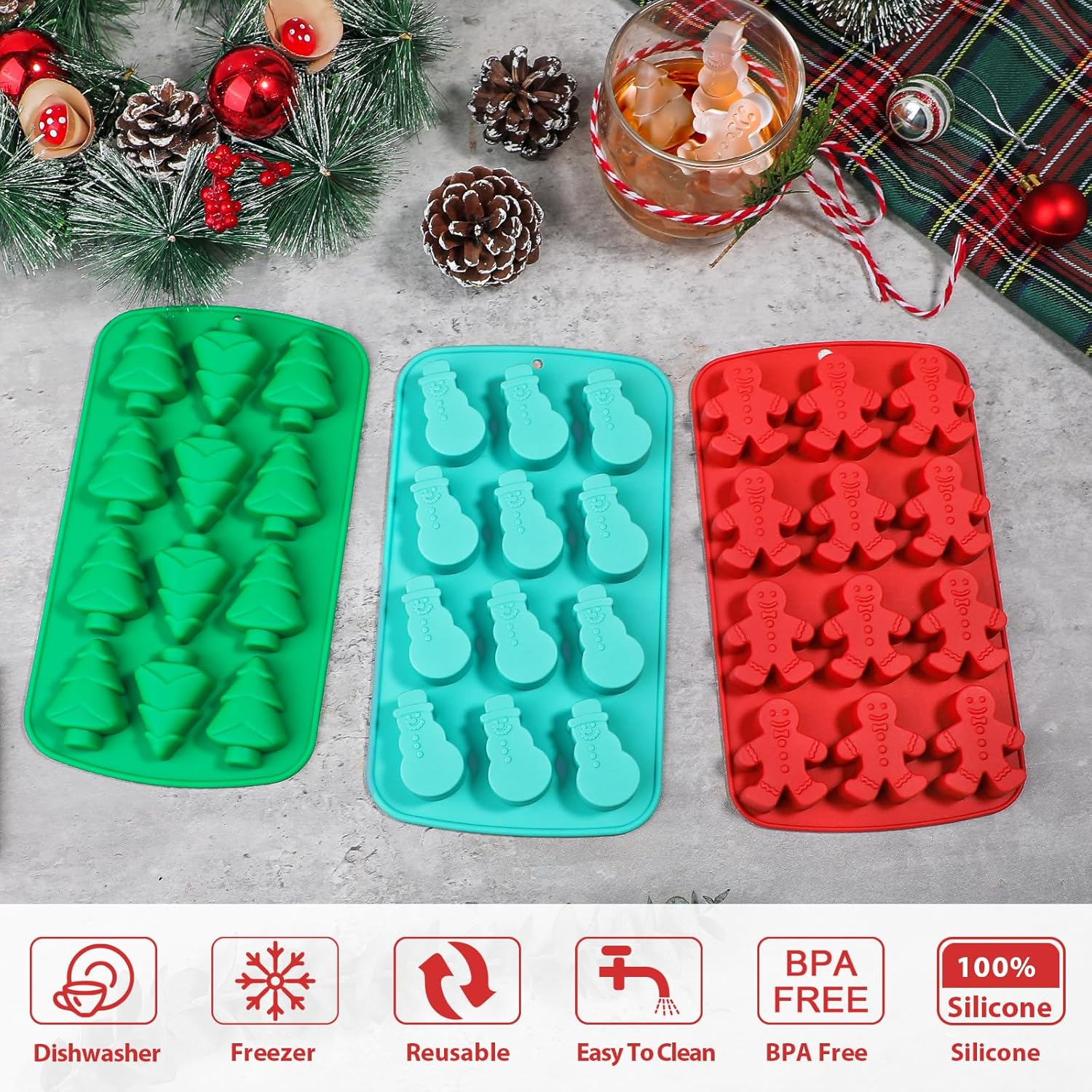 Kamehame Christmas Ice Cube Molds, Silicone Ice Molds with Shape Gingerbread Snowman Christmas Tree, Chocolate Dessert Baking Molds image number 2
