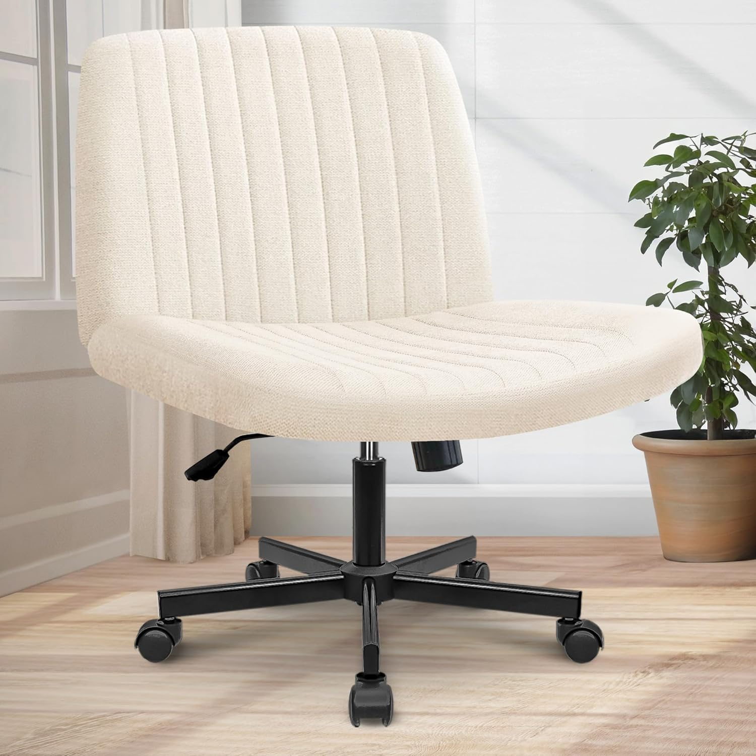 Orange Factory Criss Cross Chair No Wheel Wide Cross Legged Office Desk Vanity Chair Comfy Fabric Armless Adjustable Swivel for Home Computer Task (Gray)