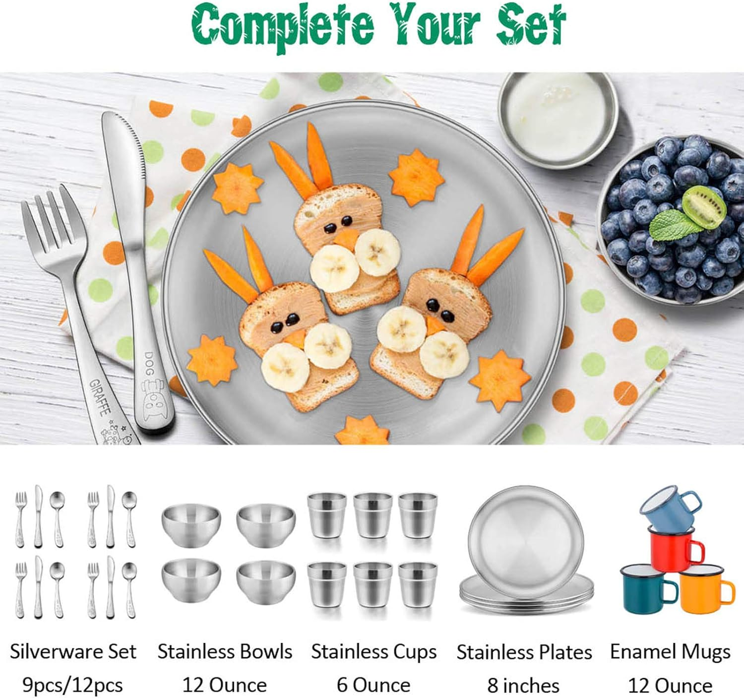 E-Far Bowls for Kids Toddlers, 12 Ounce Double-Deck 18/10 Stainless Steel Bowls for Baby Children, Healthy & Matte Finish, Insulated & Shatterproof - Set of 4 image number 1