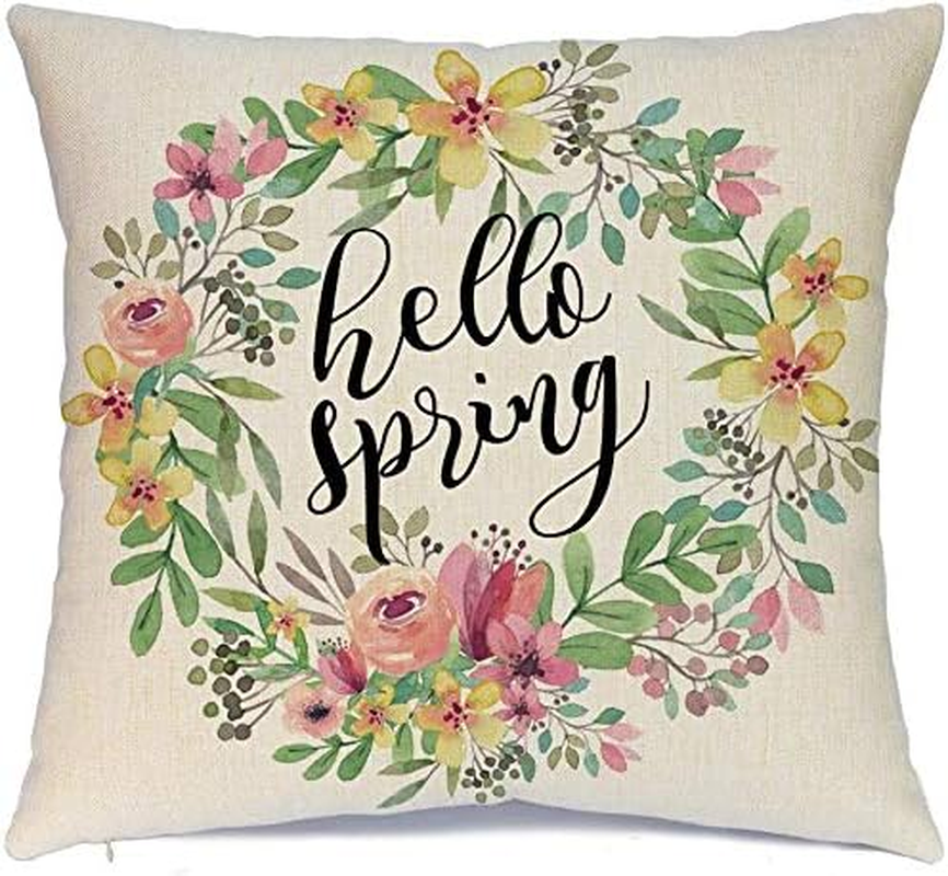 Spring Pillow Covers 18X18 Spring Decorations Set of 4 Decorative Pillow Cases Hello Spring Bicycle Butterfly Cotton Linen Holiday Throw Cushion Covers for Spring Season'S Home Farmhouse Decor image number 1