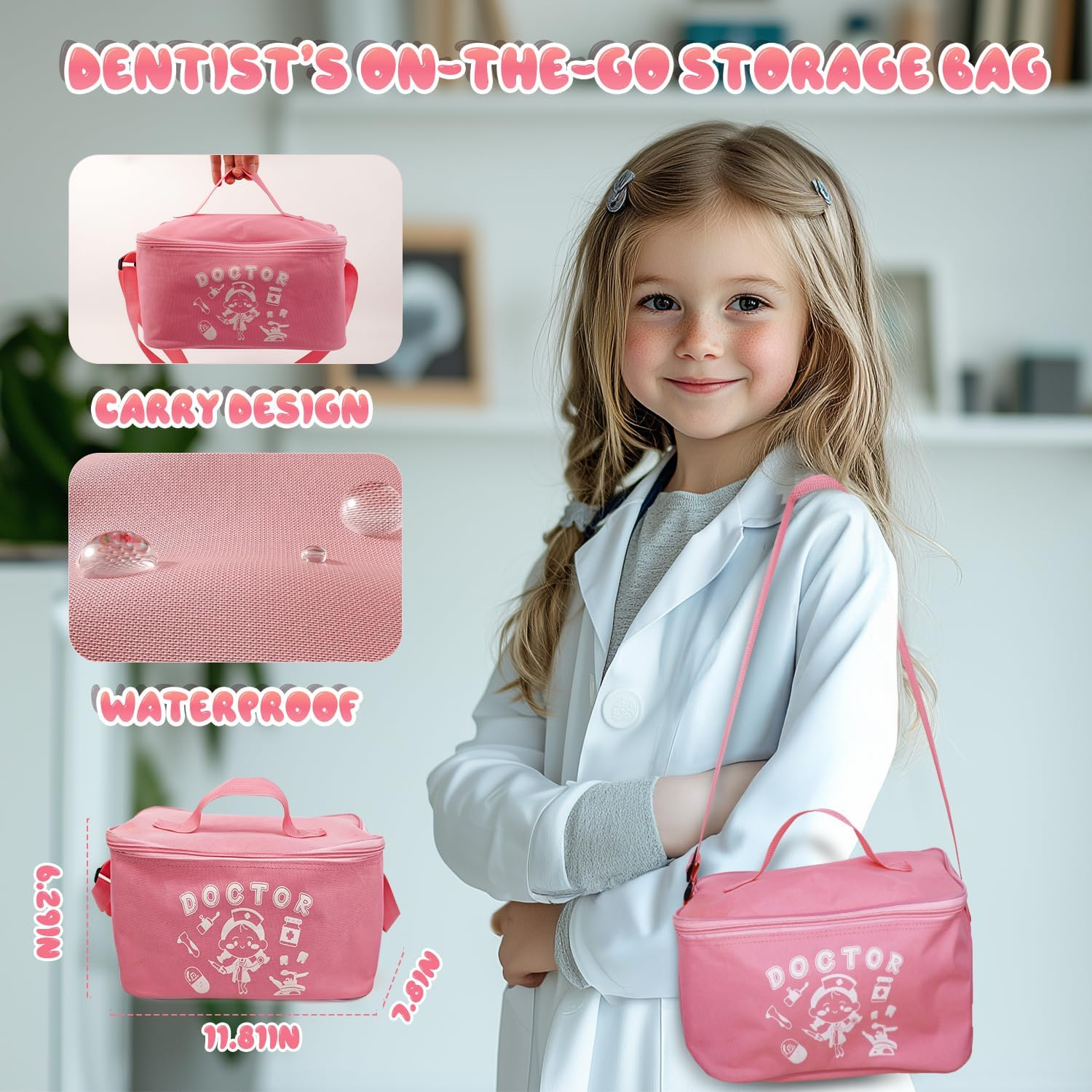 Toy Doctor Kit for Toddlers, Kids Dentist Play Set with Dentist Chair, Doll Toy, Stethoscope, Large Carrying Storage Bag, Dental Accessories, Pretend Doctor Play Medical Gift Kit for Girls Pink image number 3