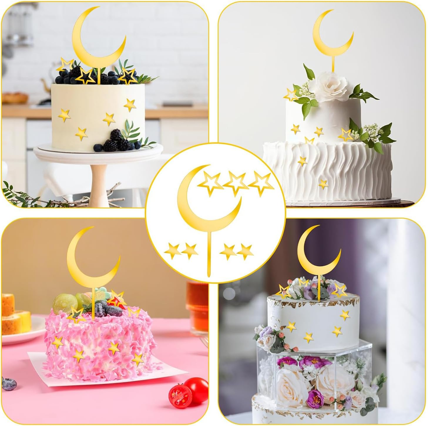 Moon Star Cake Toppers,Acrylic Cake Decorations Twinkle Twinkle Little Star Celestial Cake Charms Mirror Gold for over the Moon Baby Shower Wedding Birthday Party image number 3