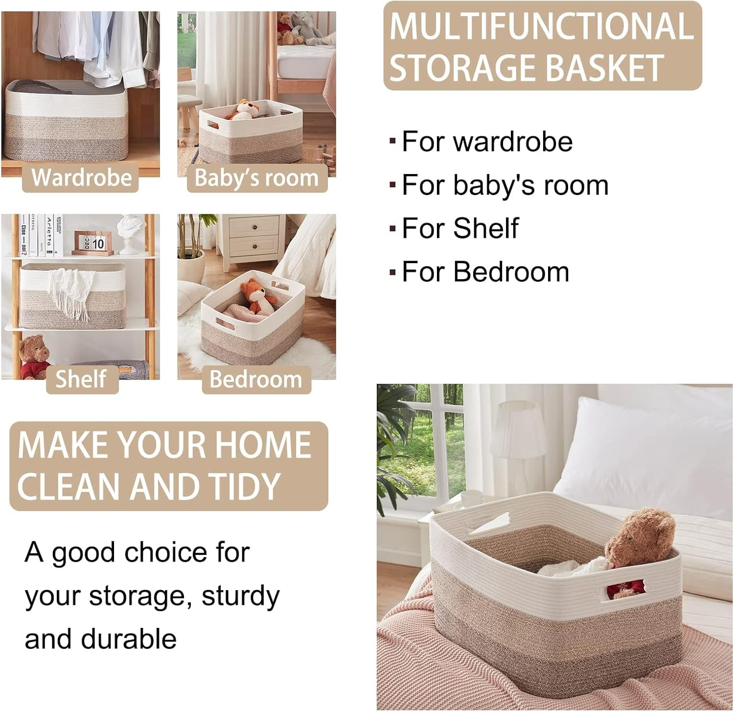 3 Pack Storage Basket, Cotton Rope Woven Basket with Handles for Shelf, Pet Toy, Book, Cloth Storage, Storage Organizer for Living Room, Bathroom (Gradient Beige, XL) image number 2