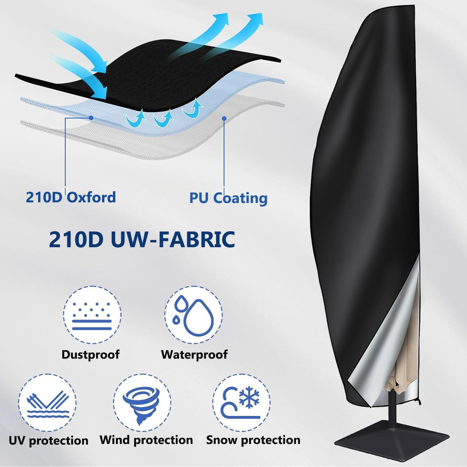 Umbrella Cover Waterproof Patio Offset Umbrella Cover Cantilever Outdoor Umbrellas Cover Parasol Covers with Zipper Fits for 8Ft to 12Ft Outdoor Umbrellas, Parasol Cover with Zip Shrink Drawstring image number 6