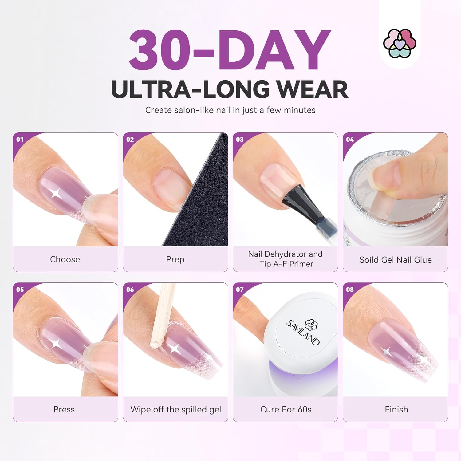 SAVILAND Naughty Heart Press-Ons Starter Kit: Long-Wear Thick 100% Acrylic Nail Tips Press on Nails Gels Nails GEL Glue Soft Gel Tips Fake Tips False Nails U V Nail Lamp Star Gift Set image number 6