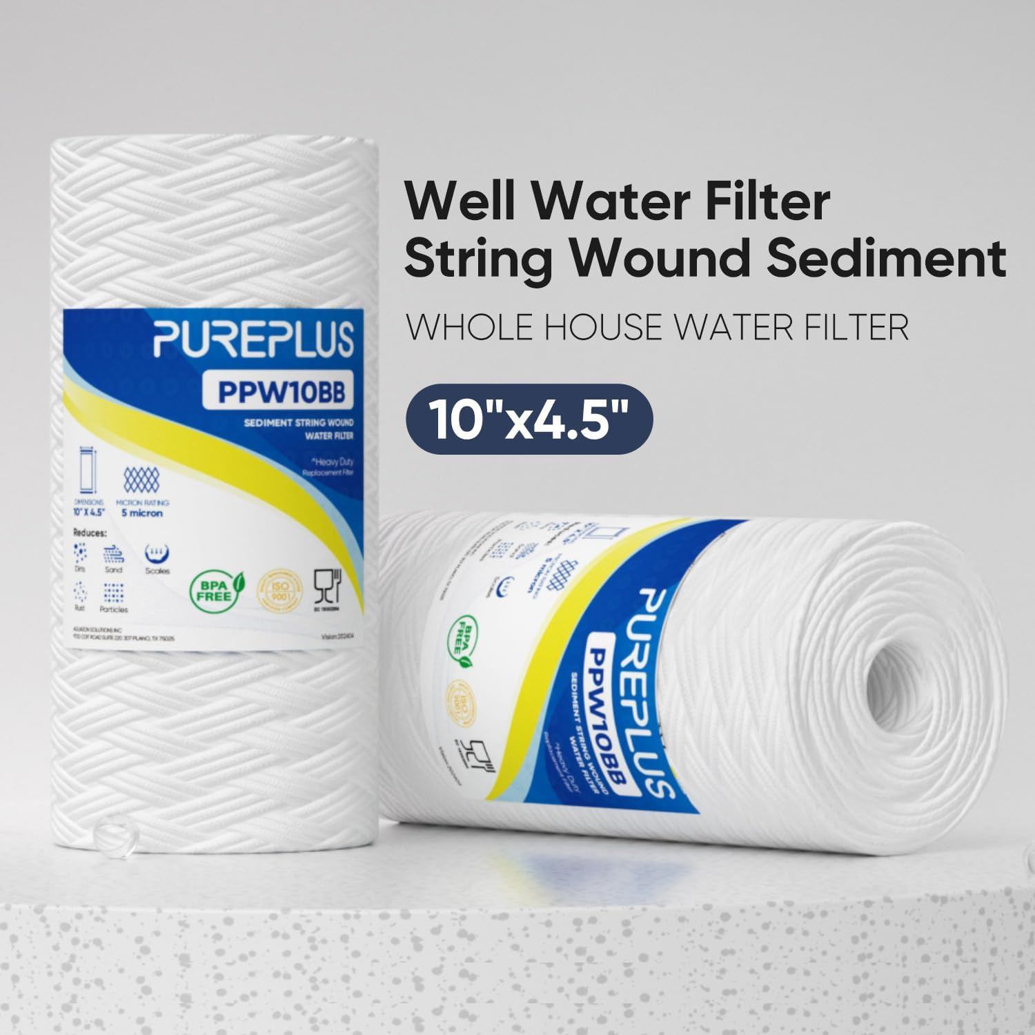 PUREPLUS 5 Micron 10 X 4.5 Whole House String Wound Sediment Filter for Well Water, Replacement Cartridge for 84637, WPX5BB97P, PC10, 355214-45, 355215-45, WP10BB97P, WP5BB97P, 4Pack