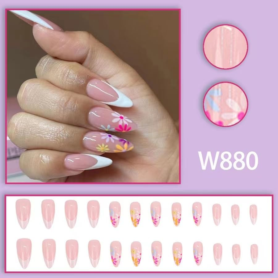 Fake Nail French Hand-Painted Style, Simple Almond Nail, Medium Long, Colorful Floral Beauty Series, Press Style Fake Nail