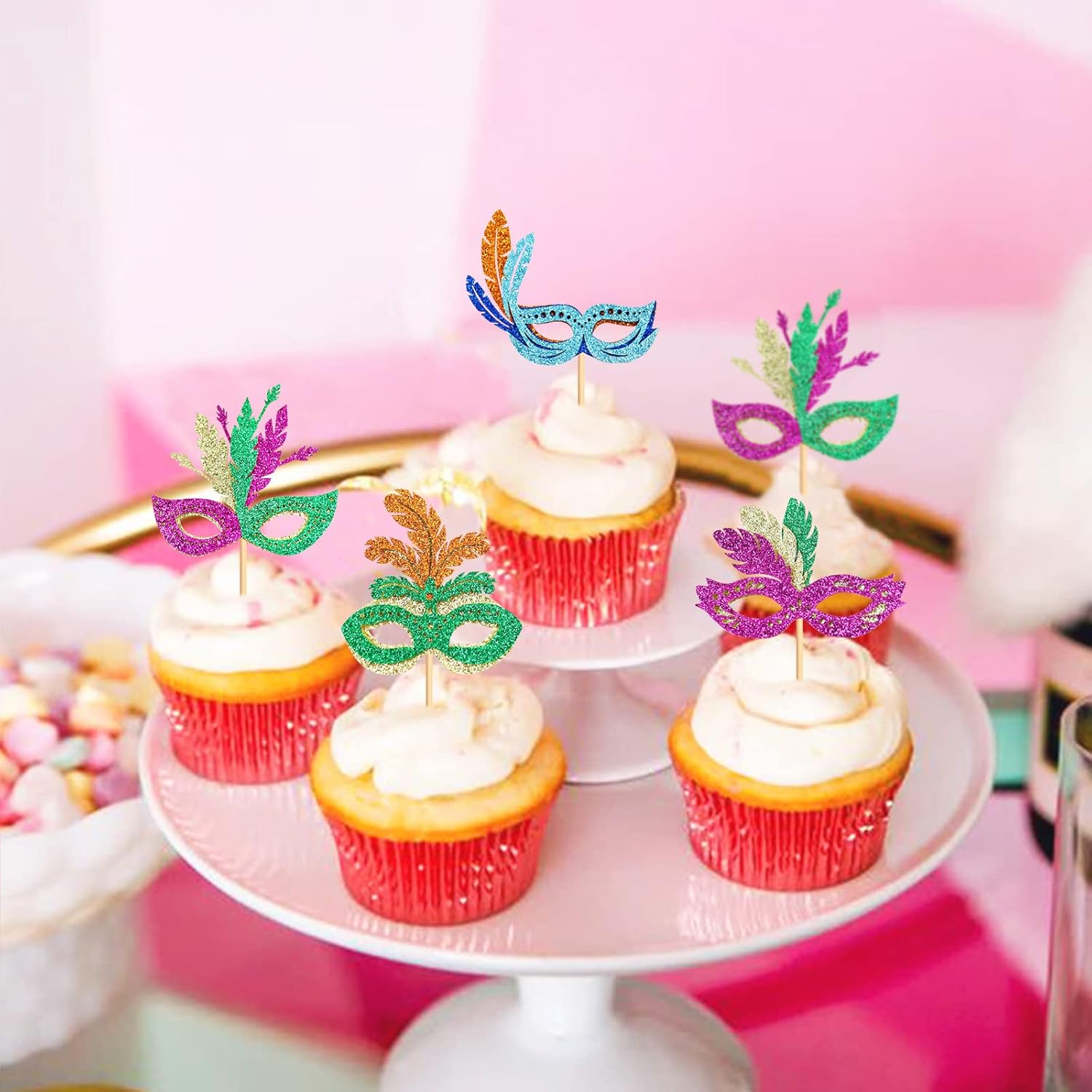 24PCS Masquerade Masks Cupcake Topper Mardi Gras Bachelorette Mask Cupcake Toppers Masquerade Mardi Gras Baby Shower Birthday Party Decorations Supplies 2 image number 1