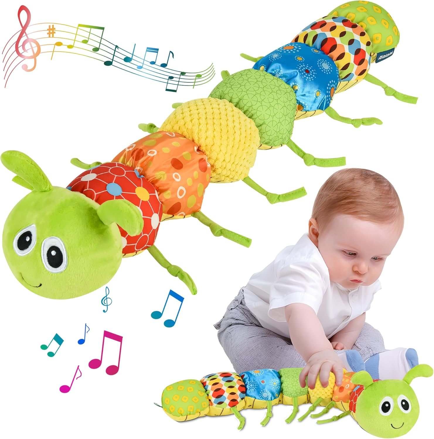Baby Sensory Toy Stuffed Animal Activity Soft Toys with Multi-Sensory Crinkle, Rattle and Textures, Infant Toy for Tummy Time Newborn 0-3-6-12 Months Boys Girls, Caterpillar image number 5