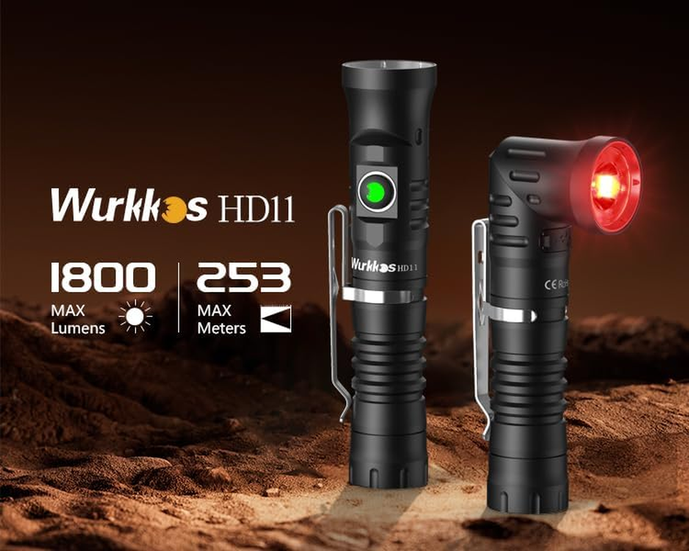 Wurkkos HD11 Right Angle Flashlight with Red Light, 1800 Lumens Magnetic 90 Degree Light, Spotlight & Floodlight EDC, IP68 Waterproof for Working Outdoors, Repairing image number 6
