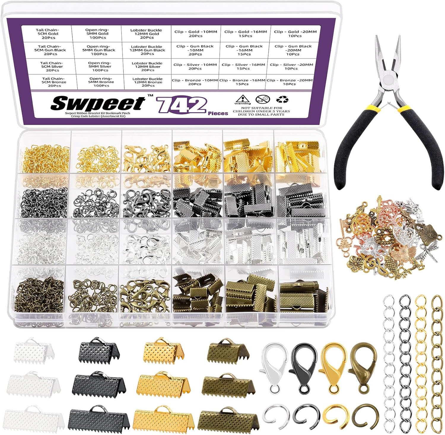 Swpeet 430Pcs Bronze Ribbon Bracelet Assortment Kit, Bookmark Pinch Crimp Ends Lobster Clasps with Jump Rings and Chain Extenders for DIY Making Bookmark Pinch Bracelet Choker Necklace