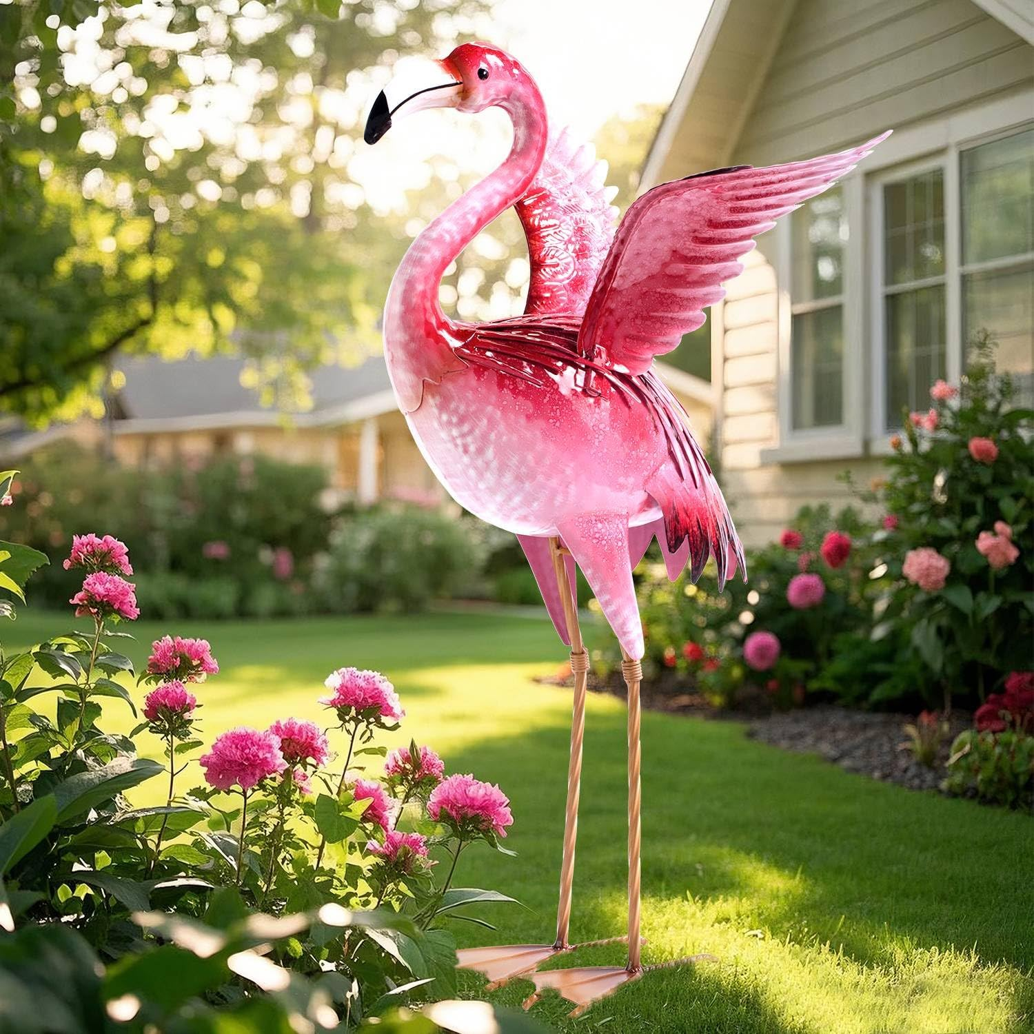 Natelf Garden Flamingo Statues and Sculptures, Outdoor Metal Bird Yard Art, Pink Flamingo Lawn Ornament for Patio Backyard Porch Decorations image number 2